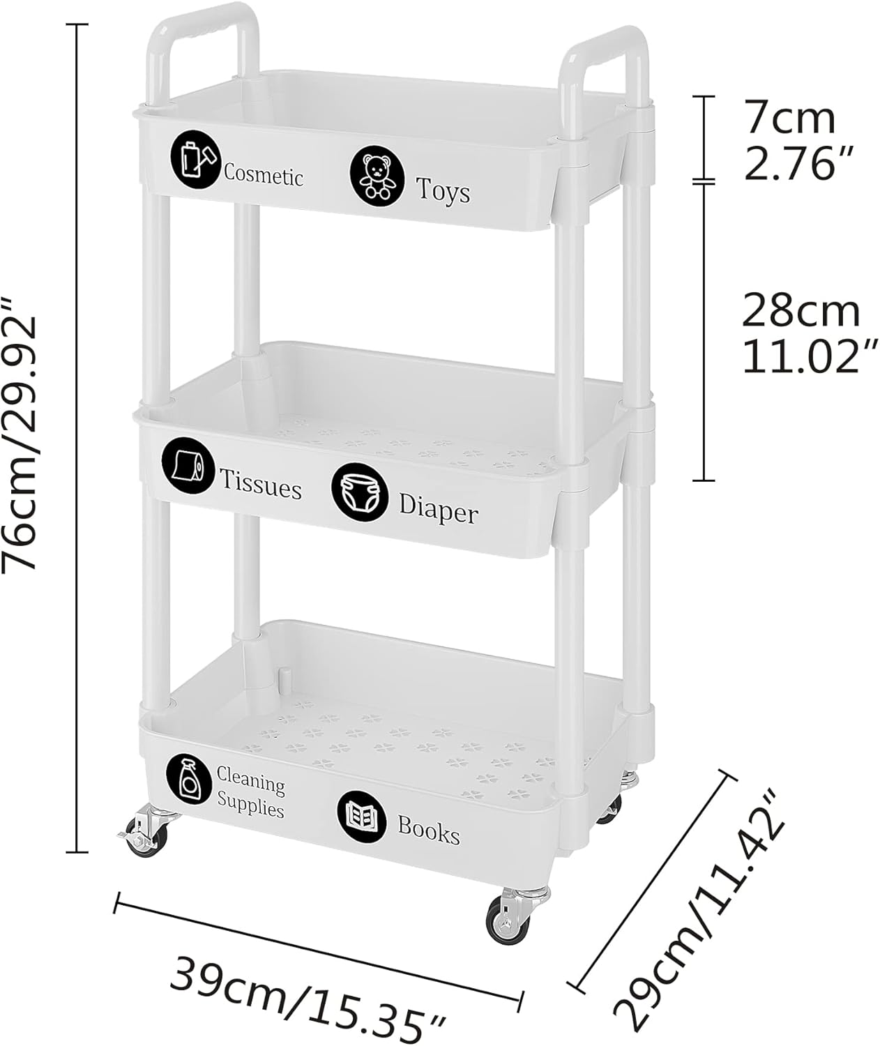 UDEAR 3-Tier Rolling Utility Cart with 12 Category Labels,Multifunctional Storage Shelves with Handle and Lockable Wheels for Room,Office,Kitchen,Bathroom,White