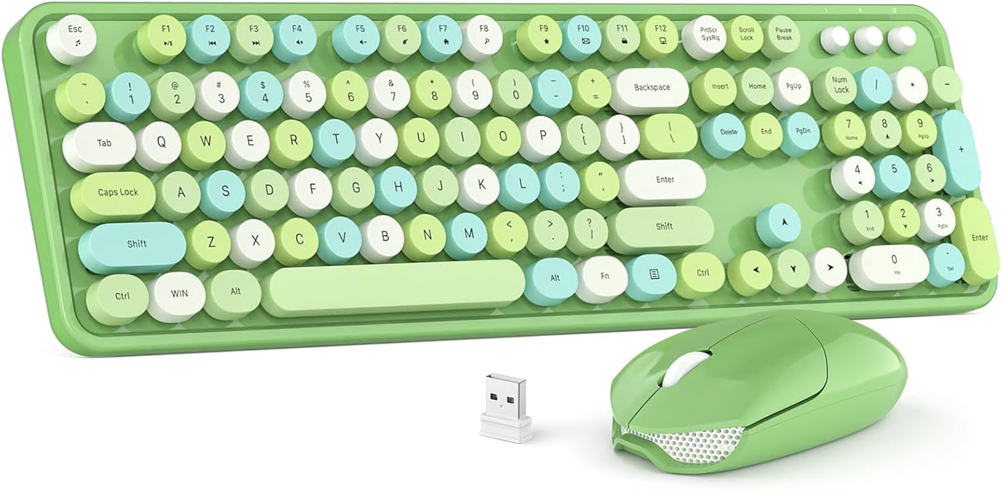 Wireless Keyboard and Mouse Combo, MOWUX Colorful Computer Full Size 2.4G Plug and Play Wireless Typewriter Keyboard and Mouse Set for Windows, Computer, Desktop, PC, Notebook (Green Colorful)
