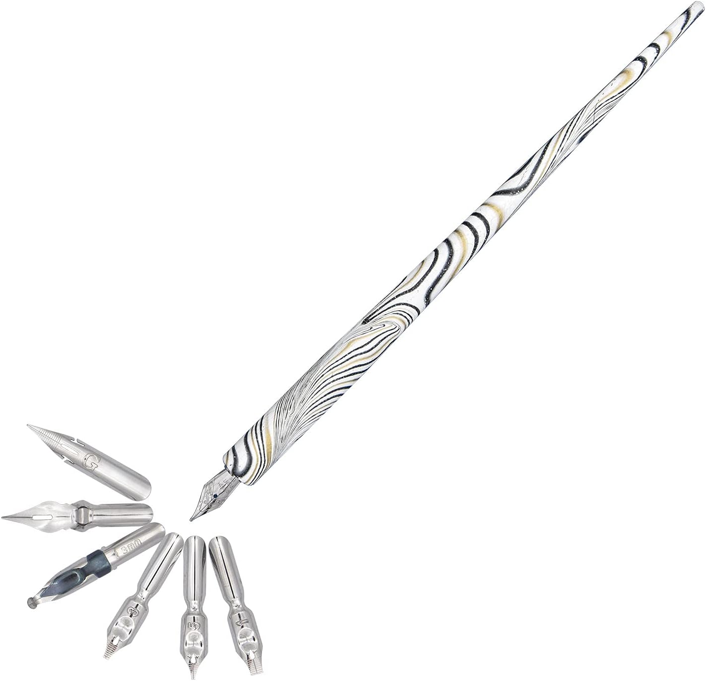 Gullor Wooden Dip Pen Calligraphy Set with Black Ink & 6 Nibs for Beginners, Kids, Writing, Signatures and Drawing, White