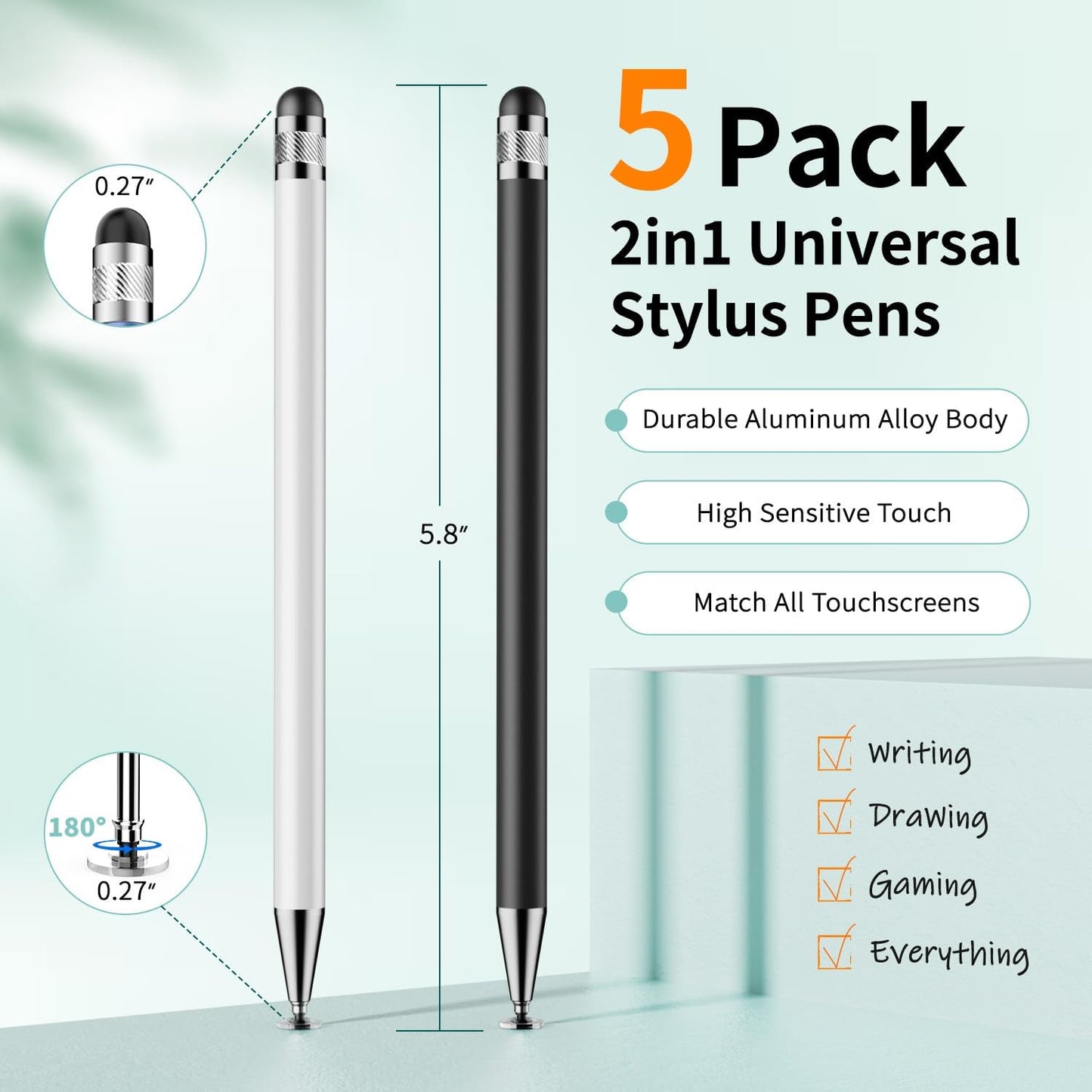 Stylus Pen for Touchscreen, 2-in-1 Universal Stylus, High Sensitivity and Precision, Stylus Pen for ipad, iPhone, Chromebook, Android Phone Kids Tablet All Capacitive Devices
