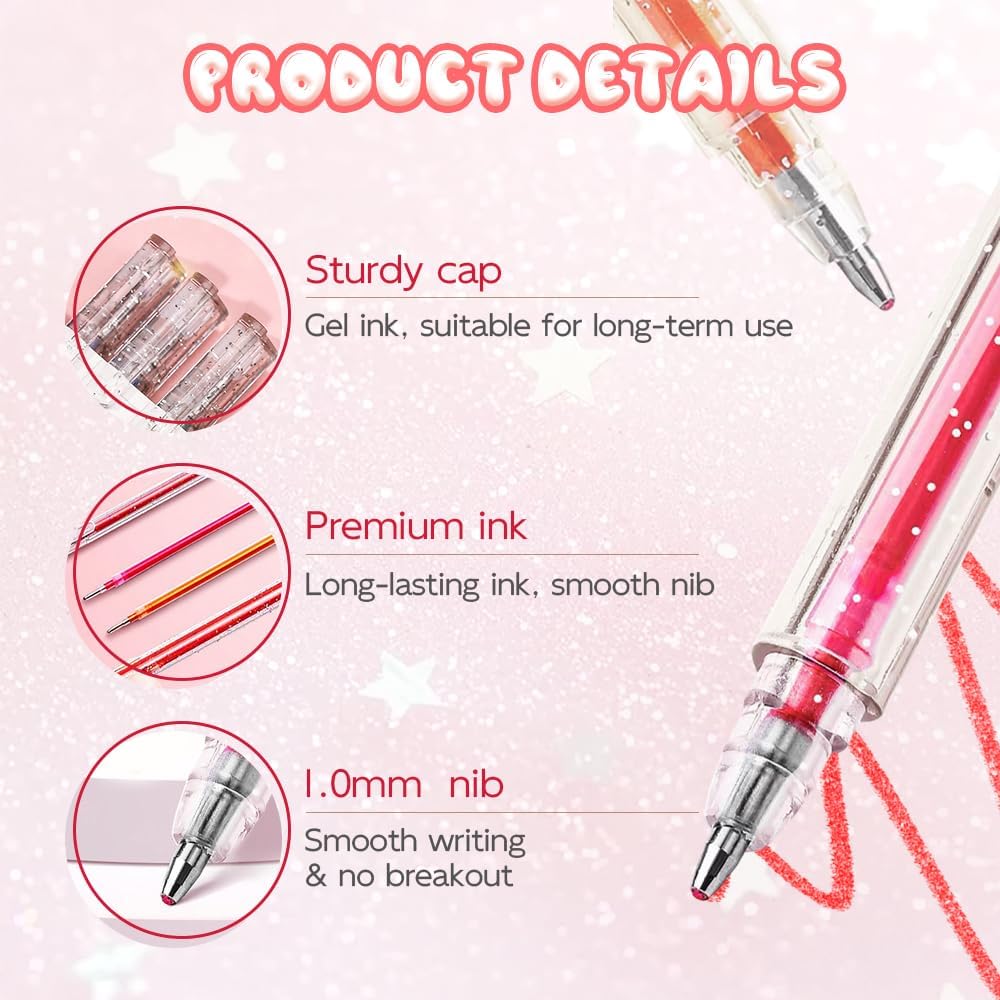 Glitter Gel Ink Pens, 2025 New Sparkle Metallic Dual Tone Iridescent Gel Pen Set for Coloring, with Replacement Pen Core, Paint Markers Sparkly Pens for Kids Adult Office Back to School Supplies (12)