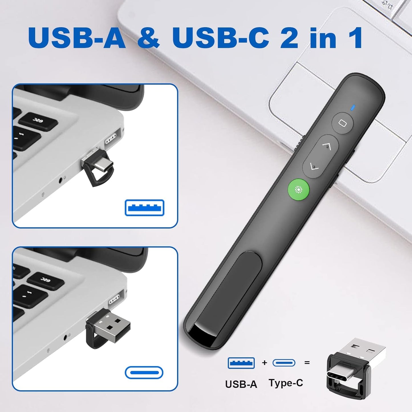 Presentation Clicker PowerPoint Wireless Presenter Remote: Rechargeable Green Laser Pointer Clickers USB A Type C Computer Mac Power Point PPT Slideshow Google Slide Advancer