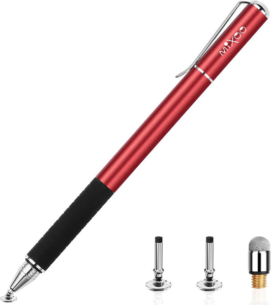 Mixoo Stylus Pens for Touch Screens - Disc & Fiber Tip 2 in 1 High Sensitivity Universal Stylus for iPad, iPhone, Tablets and Other Capacitive Touch Screens (Red)