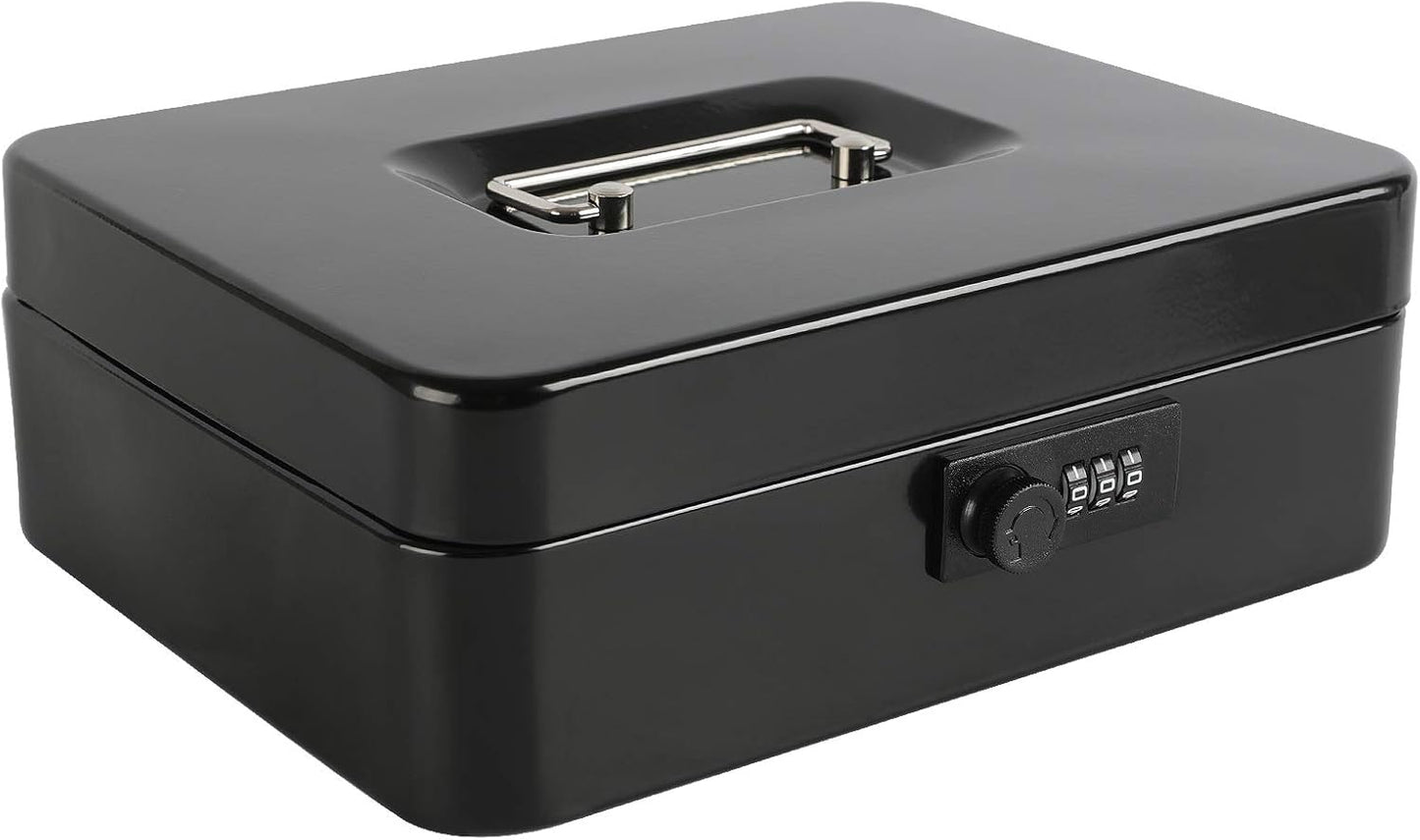 xydled Steel Cash Box Safe with Combination Lock,Money Safe Box with Removable Coin Tray,Large,9.84"x 7.87"x 3.54",Black