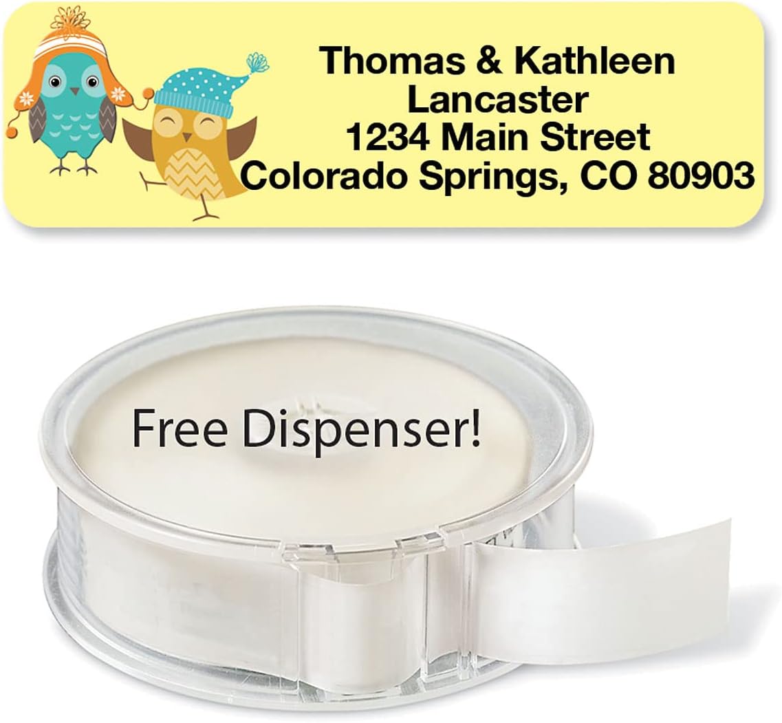 Owls Seasonal Rolled Personalized Return Address Mailing Labels with Dispenser, Set of 250, 5 Designs, Small ¾ x 2½ Inch Size, Custom Self-Adhesive Sticker Roll, by Colorful Images