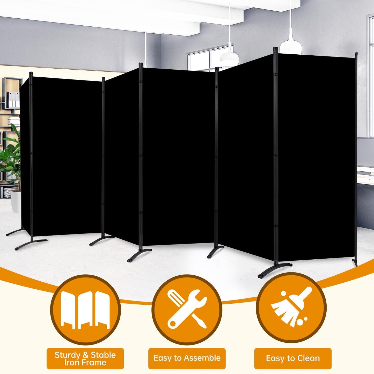 6 Panel Folding Privacy Screens, 6 FT Tall Wall Divider with Metal Frame, Freestanding Room Divider for Office Bedroom Study (6 Panel, Black)