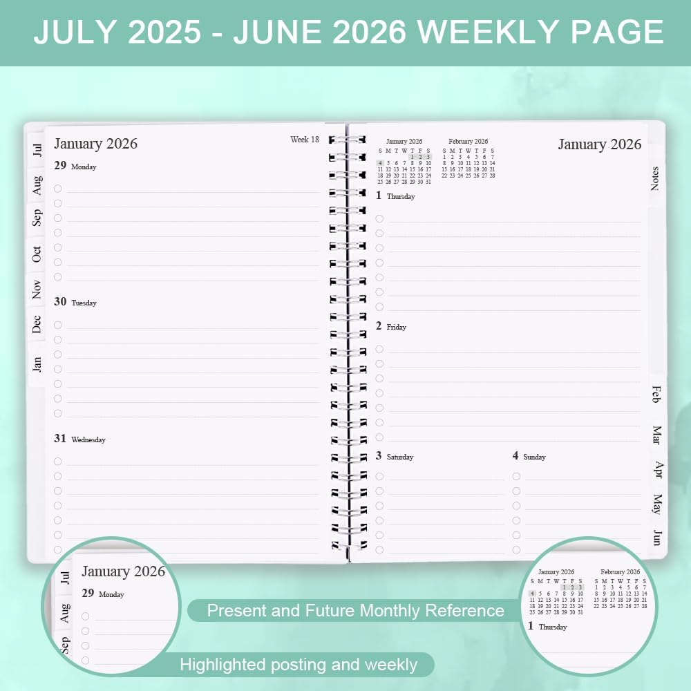2025-2026 Planner - Monthly Planner Runs July 2025 to June 2026, 6.25" x 8.25", 12 Monthly Tabs, 14 Notes Page, Inner Pocket, Flexible Cover with Twin-Wire Binding, Planners 2025-2026, Teal