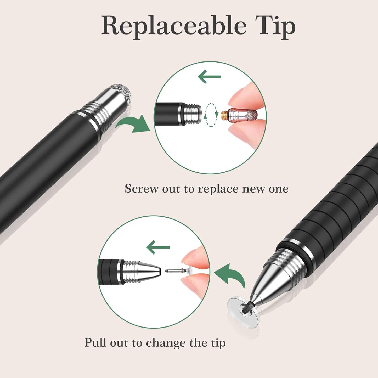 MEKO Universal Stylus,[2 in 1 Precision Series] Disc Stylus Touch Screen Pens for All Capacitive Touch Screens Cell Phones, Tablets, Laptops Bundle with 6 Replacement Tips - (2 Pcs, Black/Rose Gold)