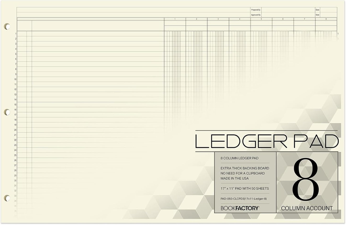 BookFactory Ledger Pad/Large 8 Column Accounting Ledger Columnar (Eight Columns) Pads - 17'' x 11'', 50 Pages, Notepad Landscape Format (PAD-050-CLCPD3(17x11-Ledger-8)-AX)