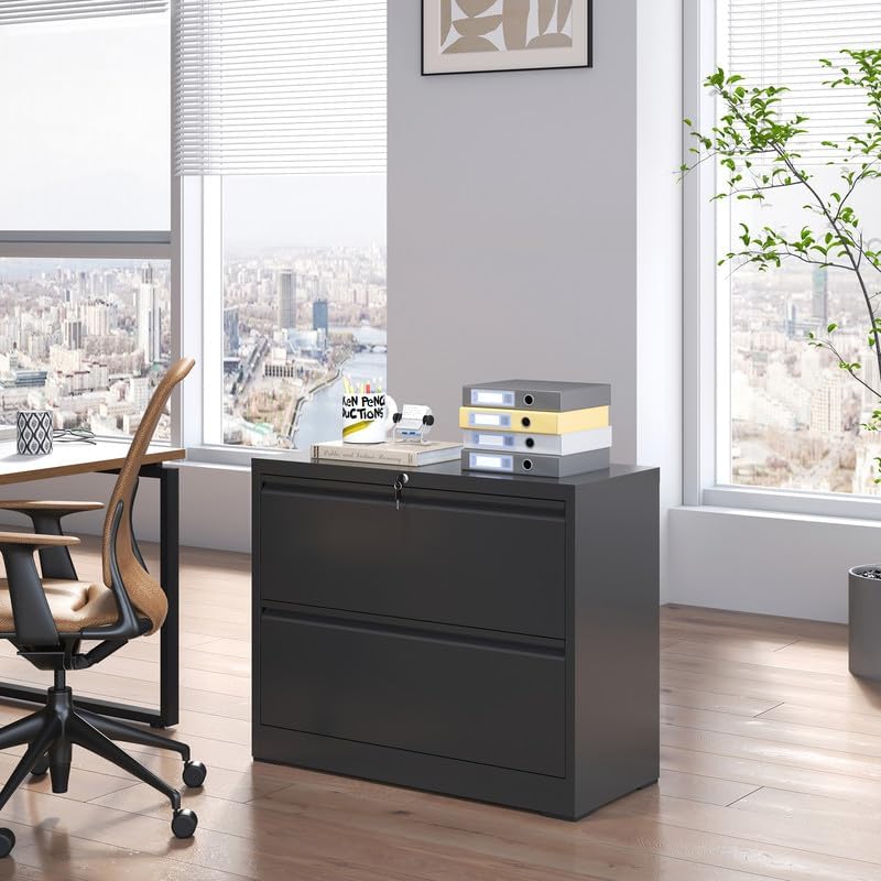 2 Drawer Lateral File Cabinet with Lock, Metal Filing Cabinets for Home Office, Steel Storage Wide File Cabinet for Letter/Legal/F4/A4 Size with Hanging Bars, Assembly Required (Black)