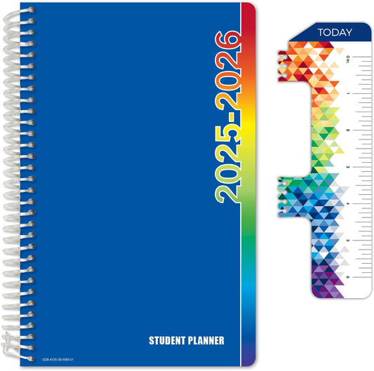 Global Datebooks Dated Middle School or High School Student Planner for Academic Year 2025-2026 Includes Ruler/Bookmark and Planning Stickers (Block Style - 5.5"x8.5" - Blue Colors)
