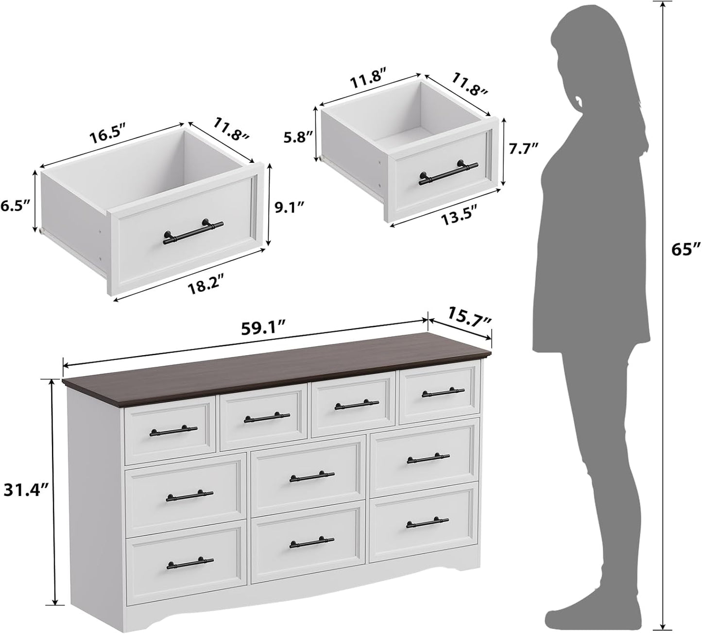 White Dresser for Bedroom, Farmhouse 10 Chest of Drawers, 59" Wide Chest of Drawers with Brushed Metal Handle, Wood Closet Organizers and Storage Cabinet for Bedroom, Living Room, Hallway