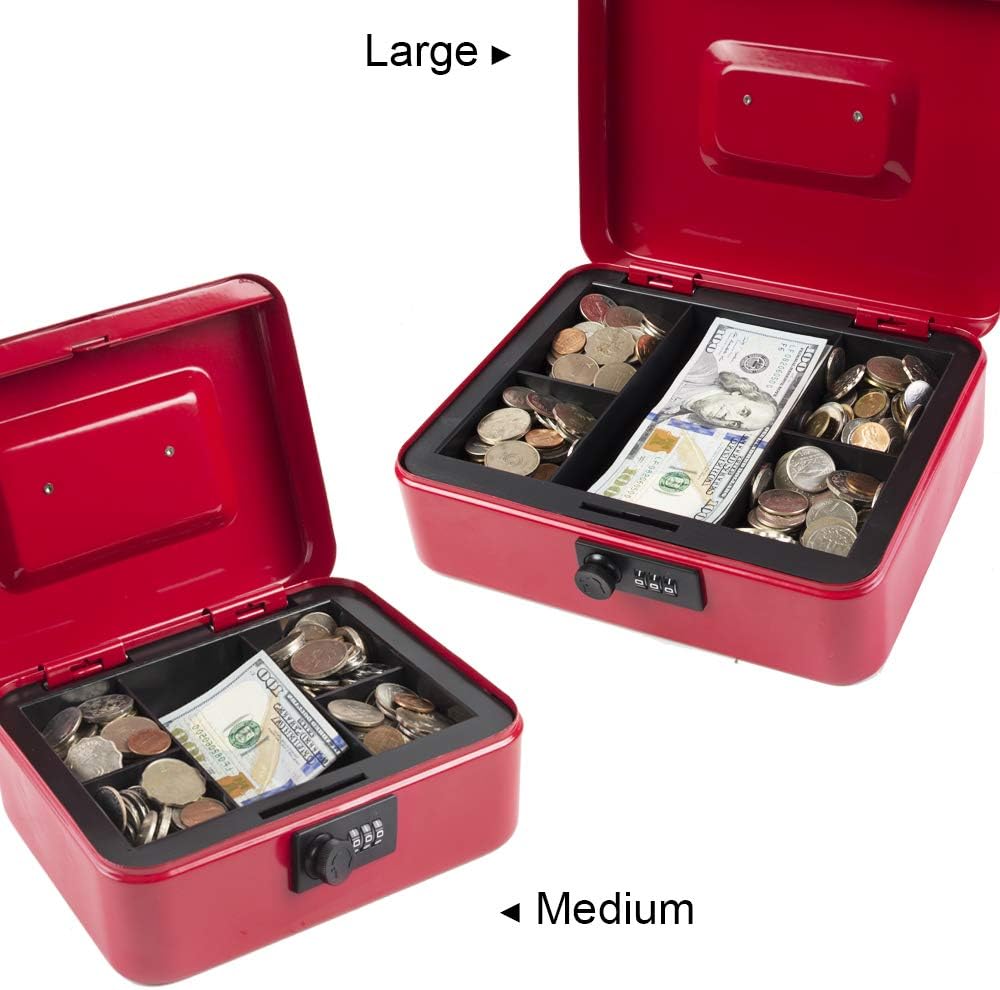 KYODOLED Medium Cash Box with Combination Lock Safe Metal Money Box with Money Tray for Security Lock Box 7.87"x 6.30"x 3.54" Red Medium