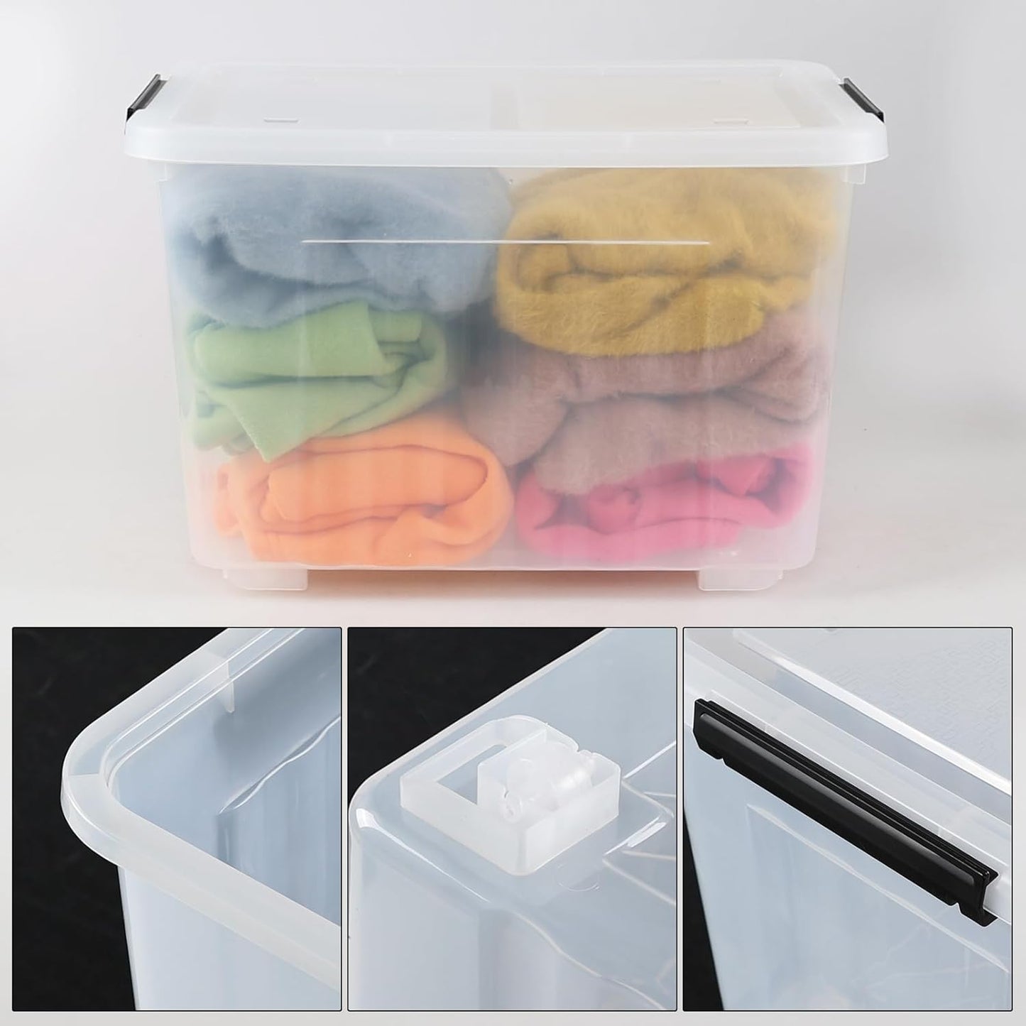 4-Pack 50 Quarts Plastic Box with Lids, Large Clear Latch Storage Tote, Stackable Bin with Wheels