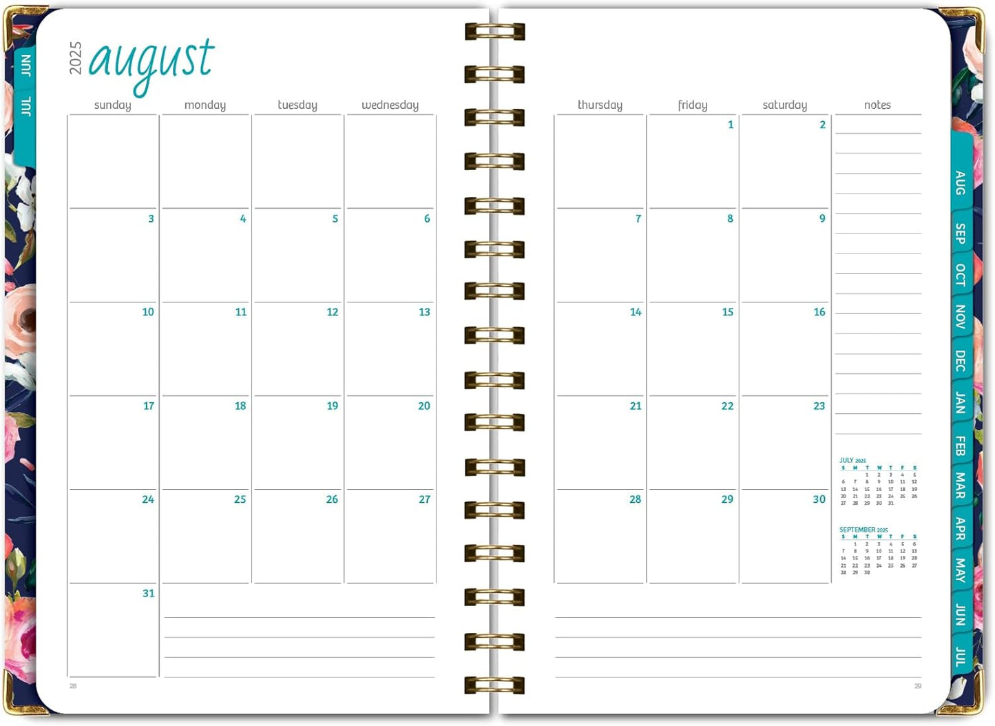 HARDCOVER Academic Year 2025-2026 Planner: (June 2025 Through July 2026) 5.5"x8" Daily Weekly Monthly Planner Yearly Agenda. Bookmark, Pocket Folder and Sticky Note Set (Small Navy Floral)