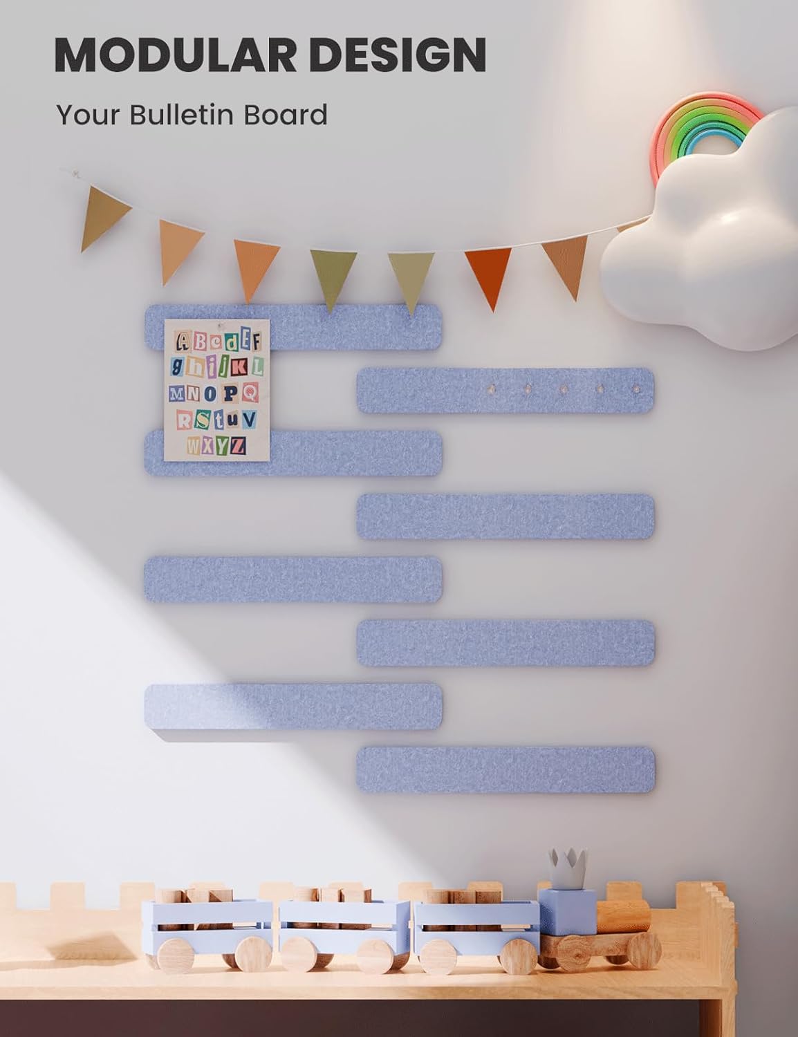 Cork Board Alternative Felt Strip Board 8-Pack 13"x2", Office Pin Board with 50 Push Pins, Adhesive Install for Bedroom Door & Home Office(Soft Periwinkle)