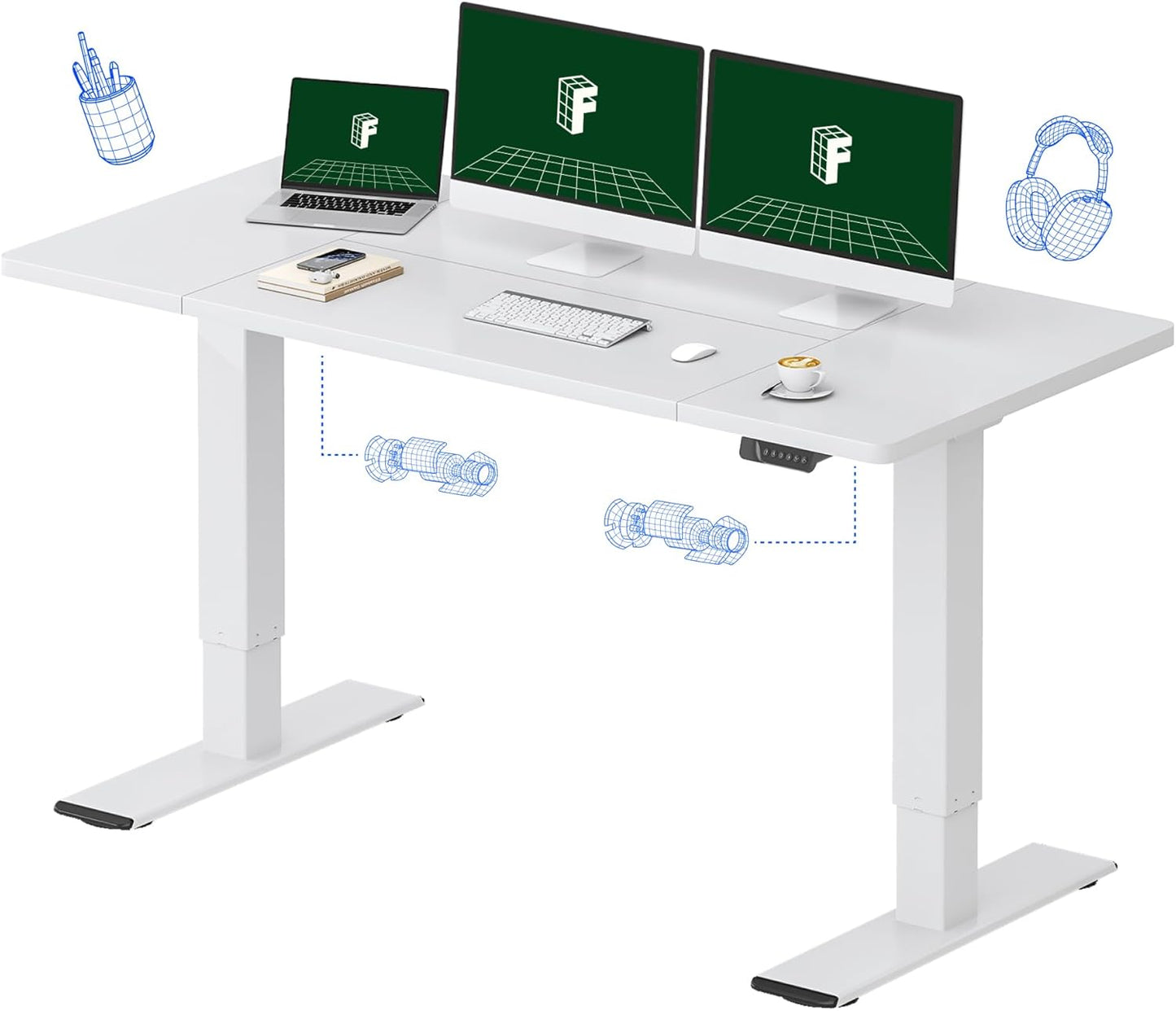 FLEXISPOT 63 x 28 Inch Dual Motor Standing Desk, Computer Desk with Memory Controller, Home Office Desk with Splice Board (White Frame + 63" White Desktop, 2 Packages)