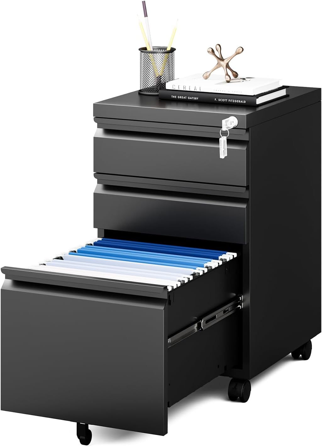 MIIIKO File Cabinet 3 Drawers on Wheels Under Desk, Black Metal Rolling File Cabinets with Lock for Home Office, Un-Assembled Filing Cabinet with Lock
