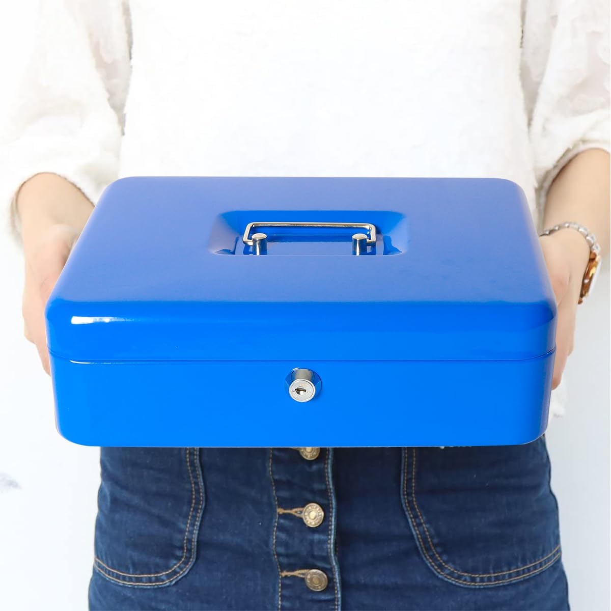 Jssmst Locking Metal Cash Box with Coin Lid, 11.8L x 9.5W x 3.5H Inches, Safe Money Box with Key Lock, Blue, SM-CB0513BL