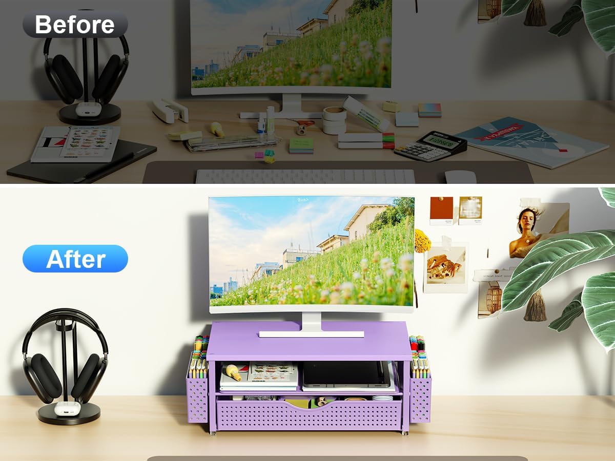 Desk Organizer and Accessories, Computer Monitor Stand Riser with Drawer and 2 Pen Holders, Office Desk Accessories & Workspace Organizers for Office Supplies (Purple)