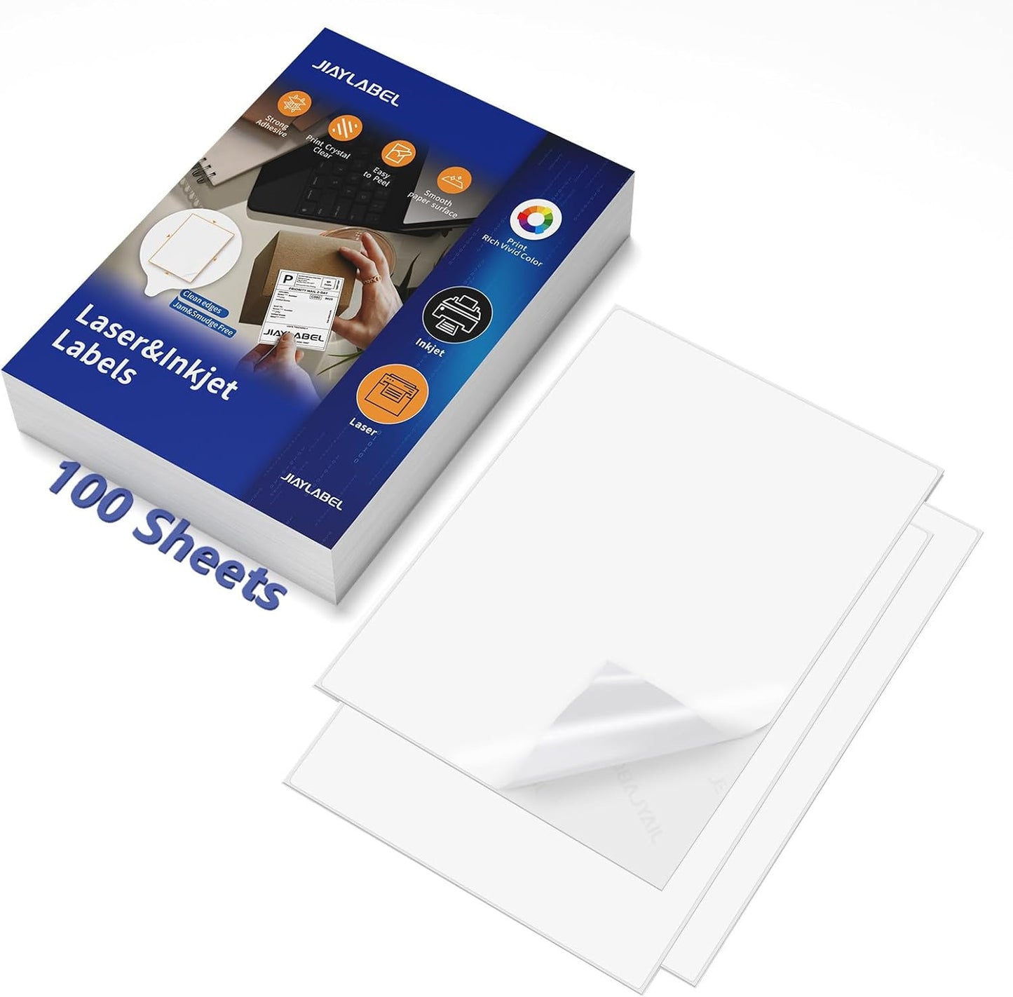 Shipping Label Address Mailing Stickers 8.5 x 11 100 Full Sheets Paper for Inkjet Printer Printable Printing Thank You Labeling to Write on Envelope Storage Bins File Folder Blank White Letter Size