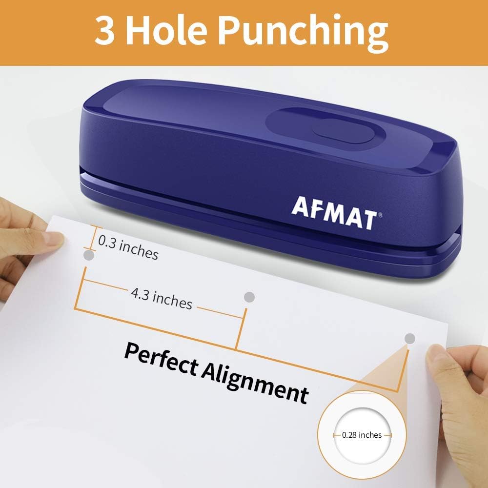 AFMAT Electric 3 Hole Punch, 3 Hole Punch Heavy Duty, 20-Sheet Punch Capacity, AC or Battery Operated, Effortless Punching, Long Lasting Paper Puncher for Office School Studio, Blue, Model: HP07