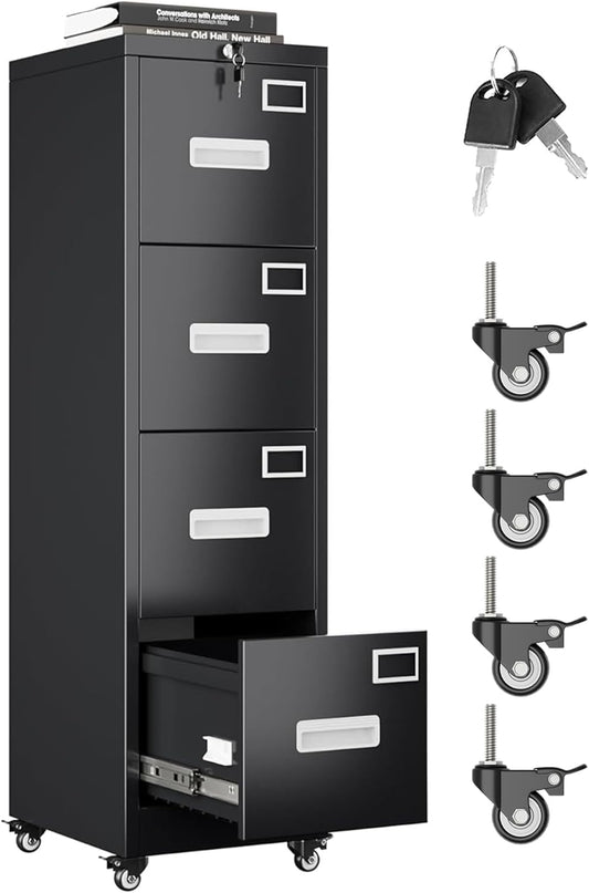 Aobabo File Cabinet 4 Drawer with Wheels, Lockable Office Metal Filing Cabinet with Name Card for Office and Home,Assembly Required,Black