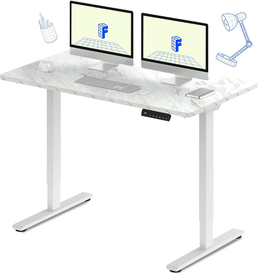 FLEXISPOT E3 Dual Motor Electric Standing Desk 55x28 Inch Whole-Piece Board Height Adjustable Electric Sit Stand Desk (White Frame + Marble Grey Desktop, 2 Packages)