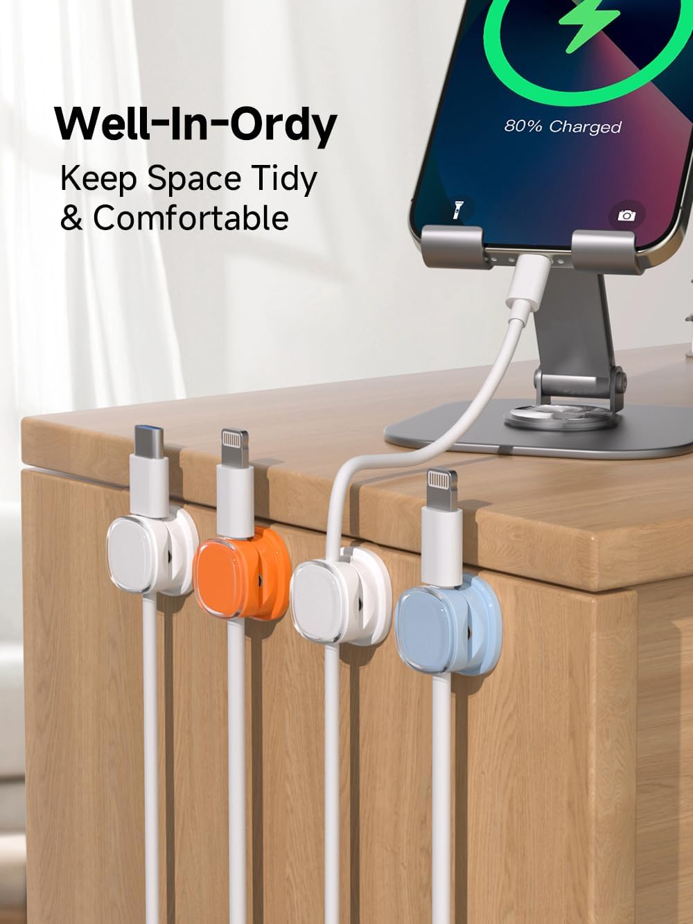 Magnetic Cable Clips, Adjustable Cord Holder Management, Adhesive Wire Keeper Organizer for Home Office Desk Phone PC Car Wall Desktop Nightstand Appliance (9-PCS White_Orange_Blue)