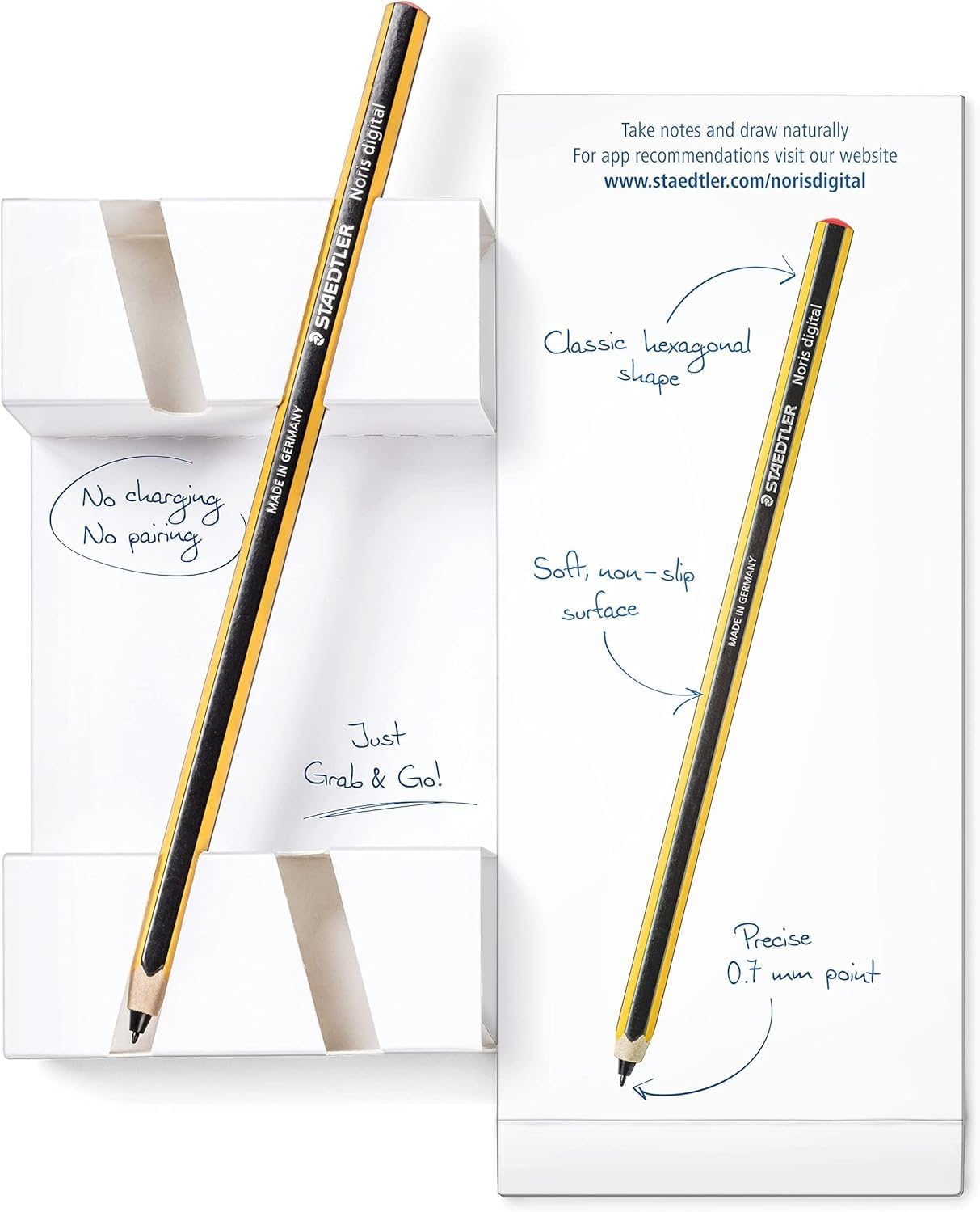 STAEDTLER Noris Classic Digital Stylus Pen: No Charging, EMR Palm Rejection, 4.096 Pressure Levels, Hexagonal Shape, Natural Writing and Drawing on Touchscreen Tablet, Laptop, Phone