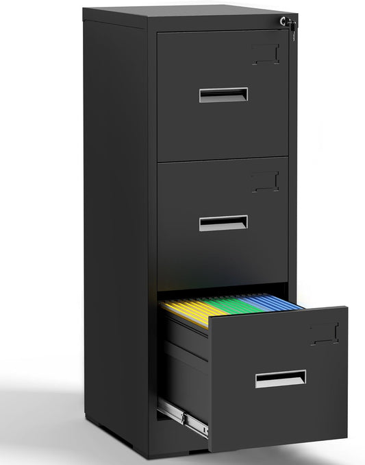 3 Drawer File Cabinet with Lock and Card Slot, Metal Vertical Filing Cabinets for Home Office, Steel Storage Cabinet for Hanging Legal/Letter Size Files, Assembly Required (Black)