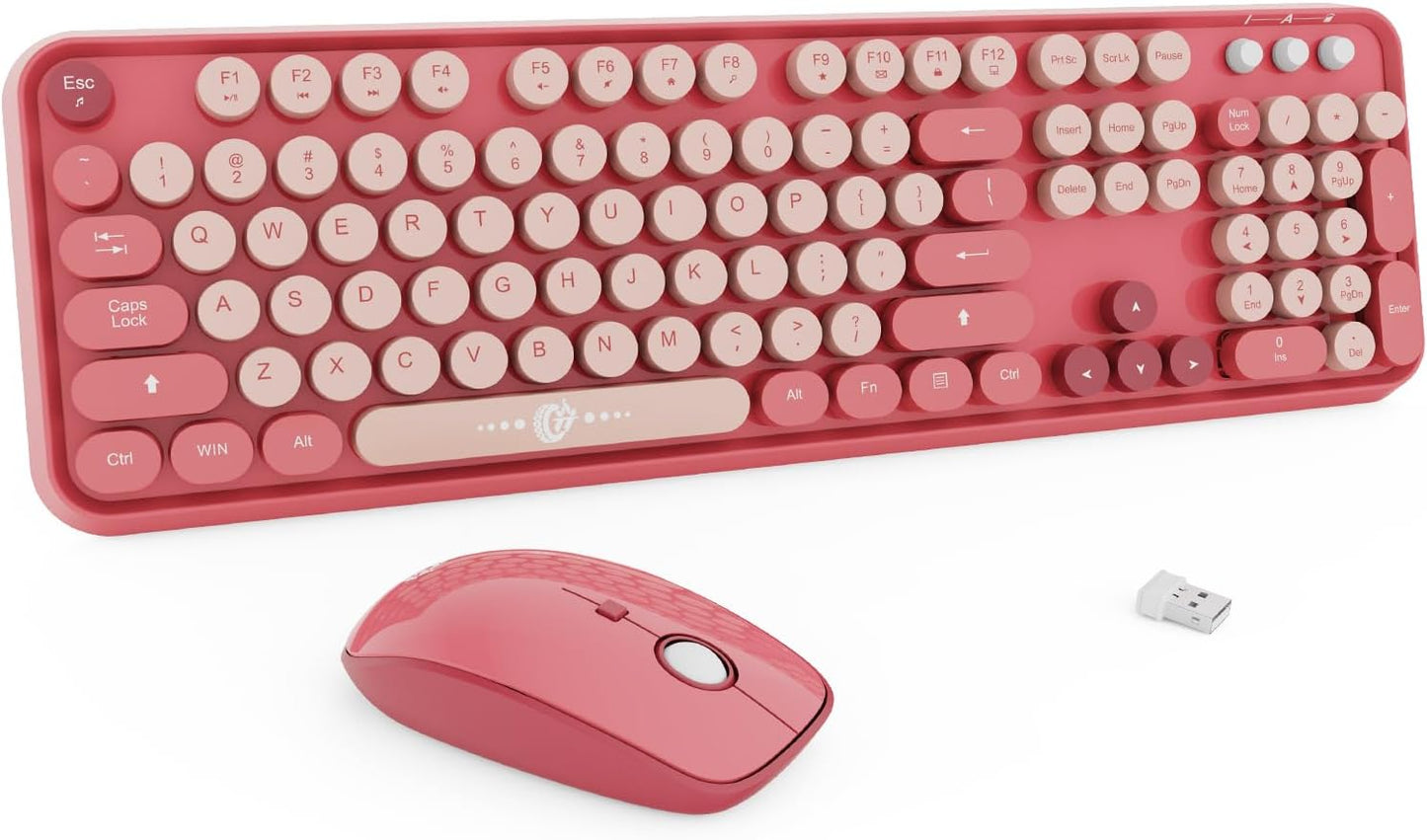 Wireless Keyboard and Mouse Combo, 104 Round Keys Cute Colorful Keyboard and Mouse with Retro Typewriter for PC/Mac/Laptop/Tablet/Computer/Windows Rose