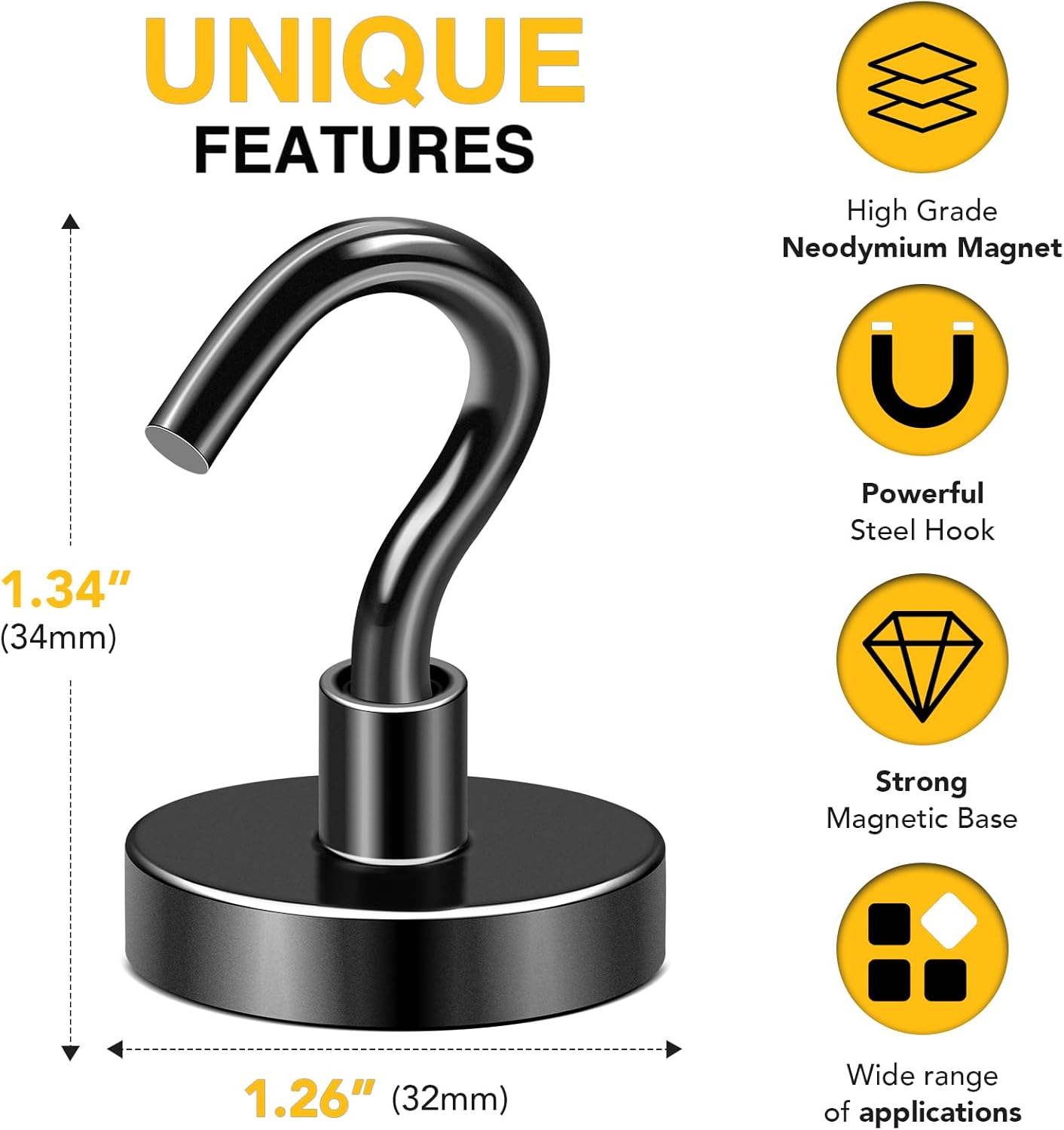 DIYMAG Black Magnetic Hooks, 118 LB Heavy Duty Strong Magnet with Hook, Rare Earth Neodymium Magnets for Hanging, Magnetics Hanger for Curtain, Home, Kitchen, Workplace, 20 Packs