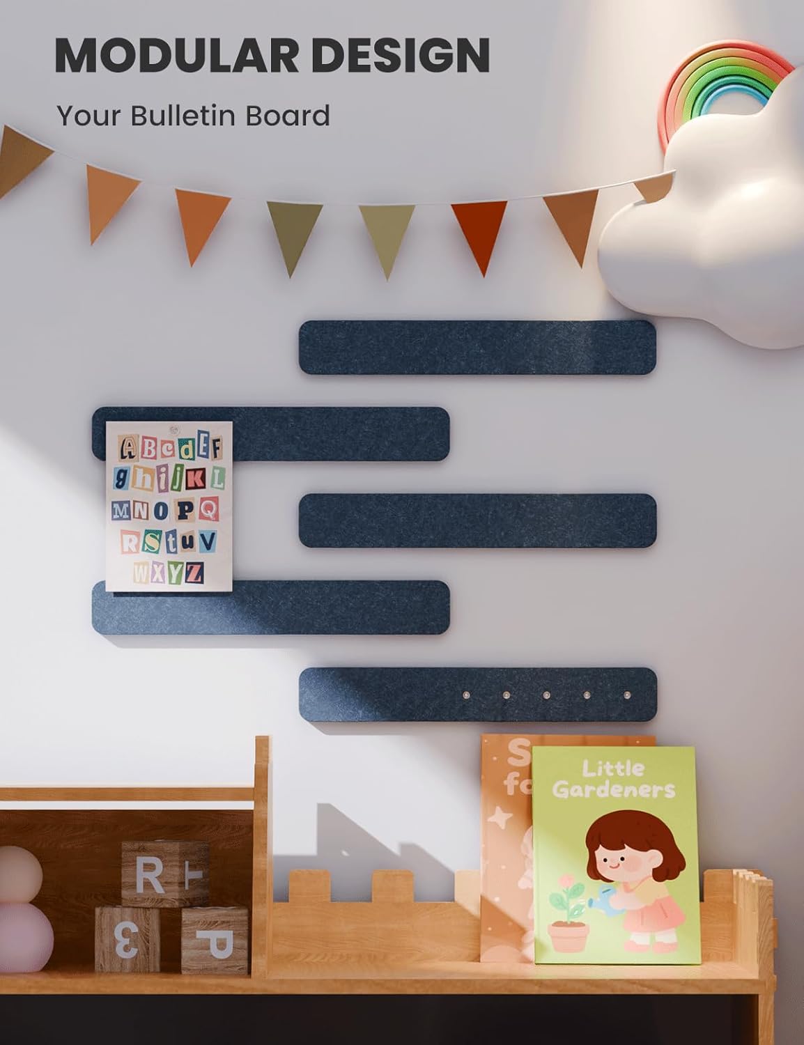 Cork Board Alternative Felt Strip Board 5-Pack 13"x2", Office Pin Board with 35 Push Pins, Adhesive Install for Bedroom Door & Home Office(Denim Blue)