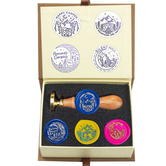 Wax Seal Stamp kit, ANBOSE Animal Wax Seal Stamp Set with 4 PCS Removable Brass Heads and 1 Wooden Handle, Mountains Hill Sealing Wax Stamp for Cards Invitations