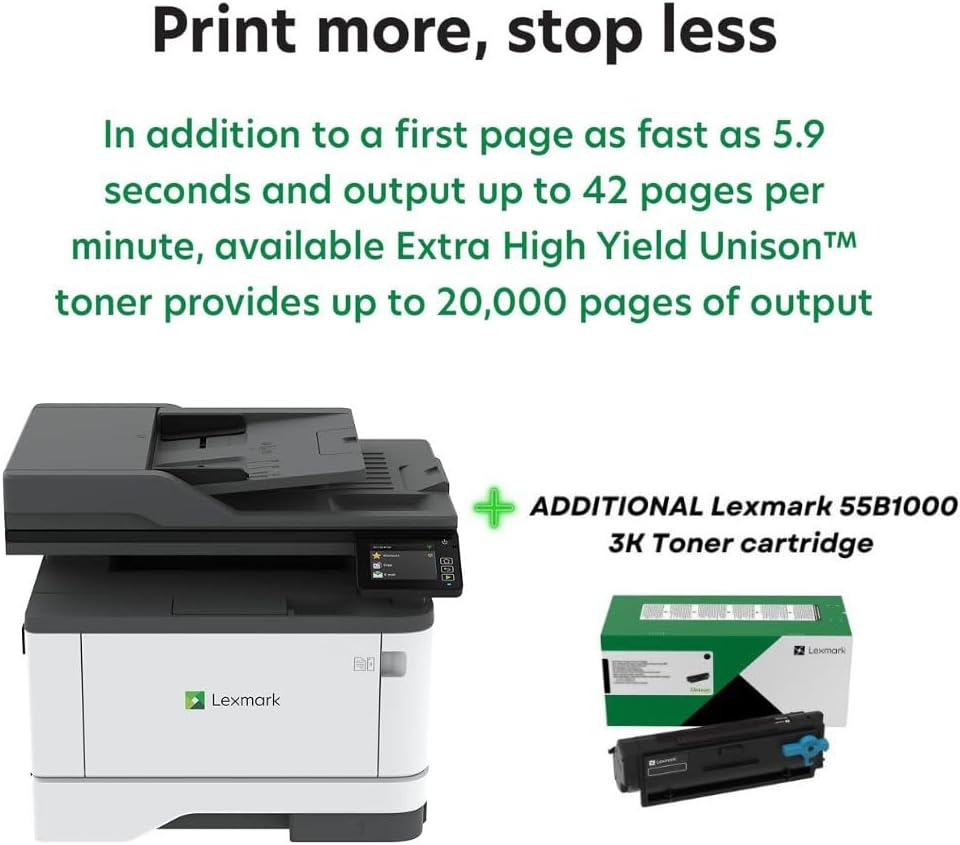 LEXMARK MX431adn Laser Multifunction Printer - Monochrome (29S0200) Bundle with 55B1000 Black 3K Yield Toner Cartridge