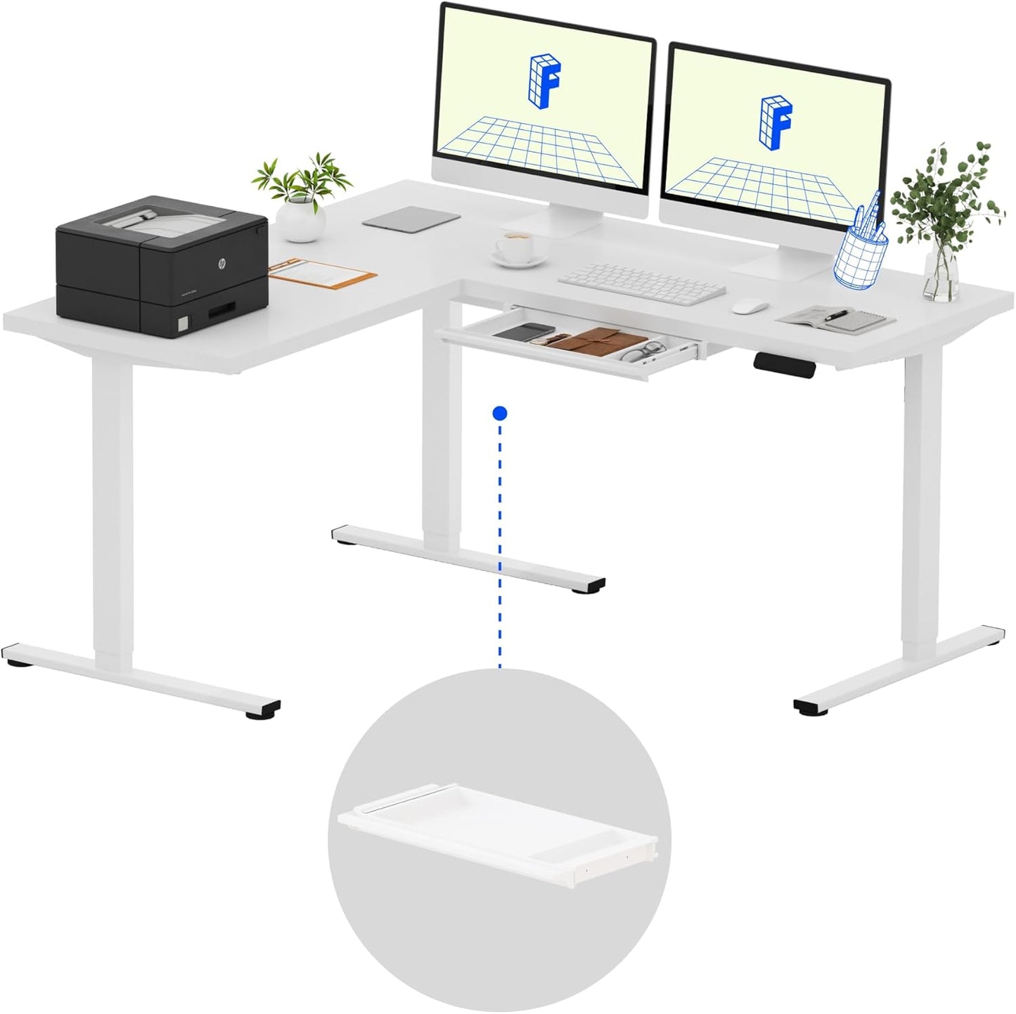 FLEXISPOT L Shaped Standing Desk, 63 x 55 Inch Electric Height Adjustable Corner Desk, Sit Stand Computer Workstation, Preset Controller, Home Office, White Frame with White Top, White Drawer