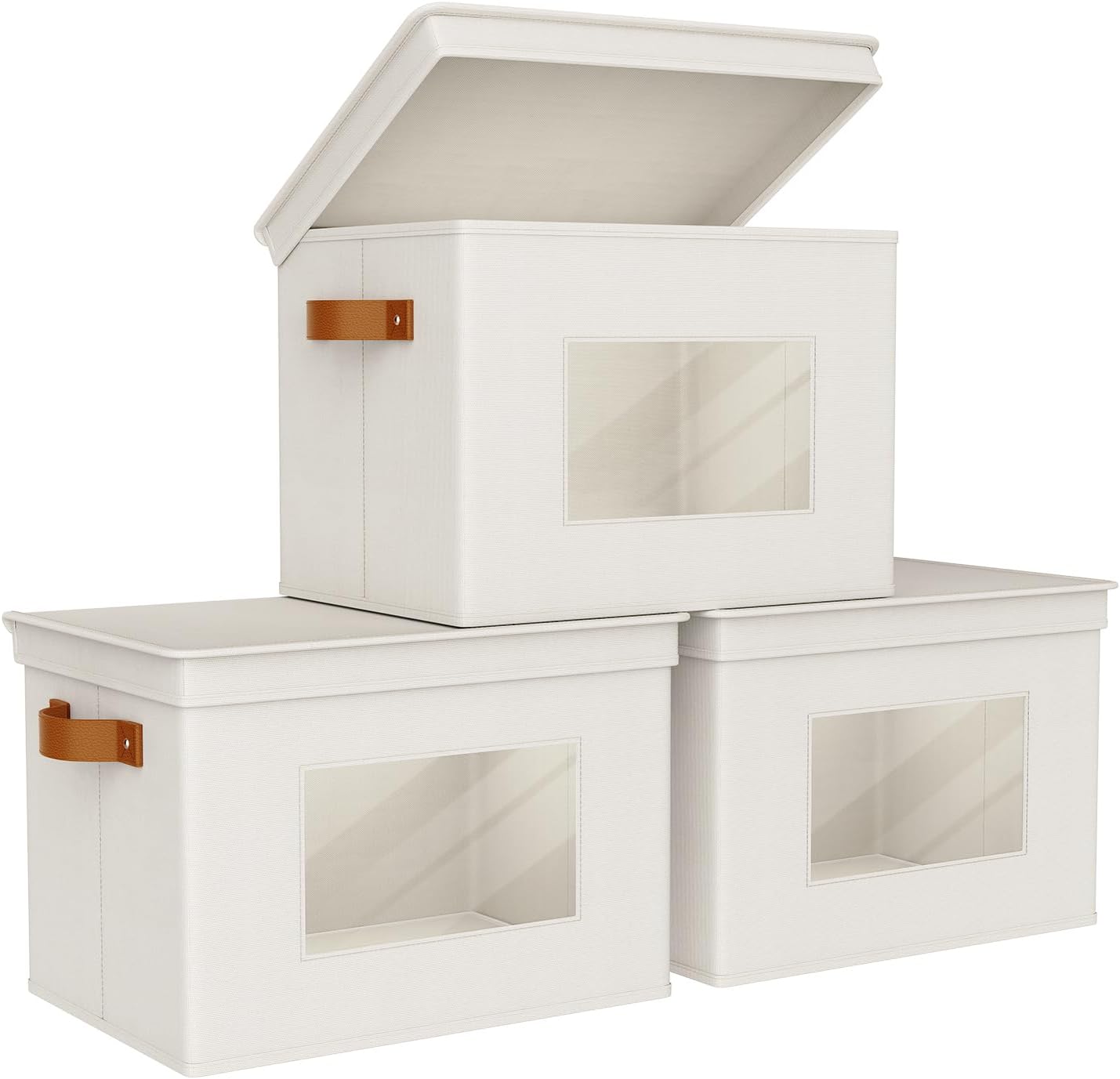 Univivi Storage Boxes with Lids Fabric Foldable Storage Bin for Clothes, [3-Pack] Closet Organizer Containers boxes with Handles for Home, Bedroom, Closet Storage (Beige,17” x 12” x 12")