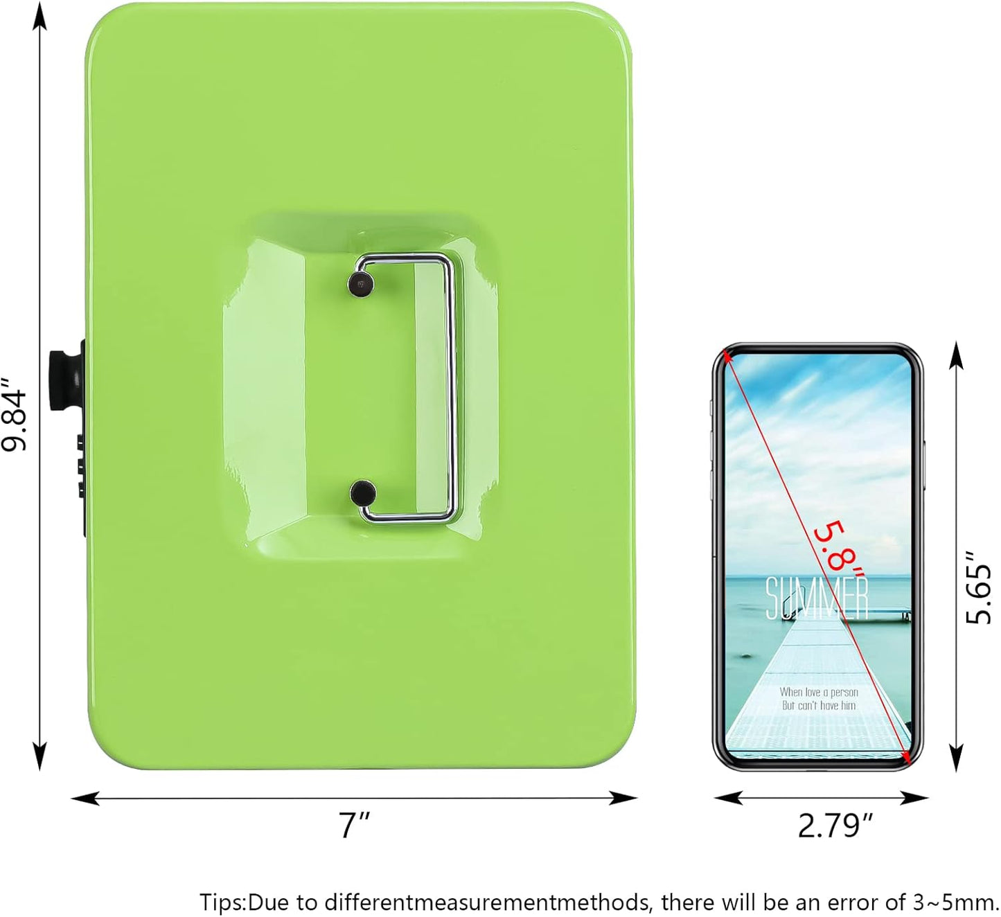 KYODOLED Large Cash Box with Combination Lock,Safe Metal Box for Money, Storage Lock Box with Money Tray,9.84"x 7"x 3.54" Limegreen Large