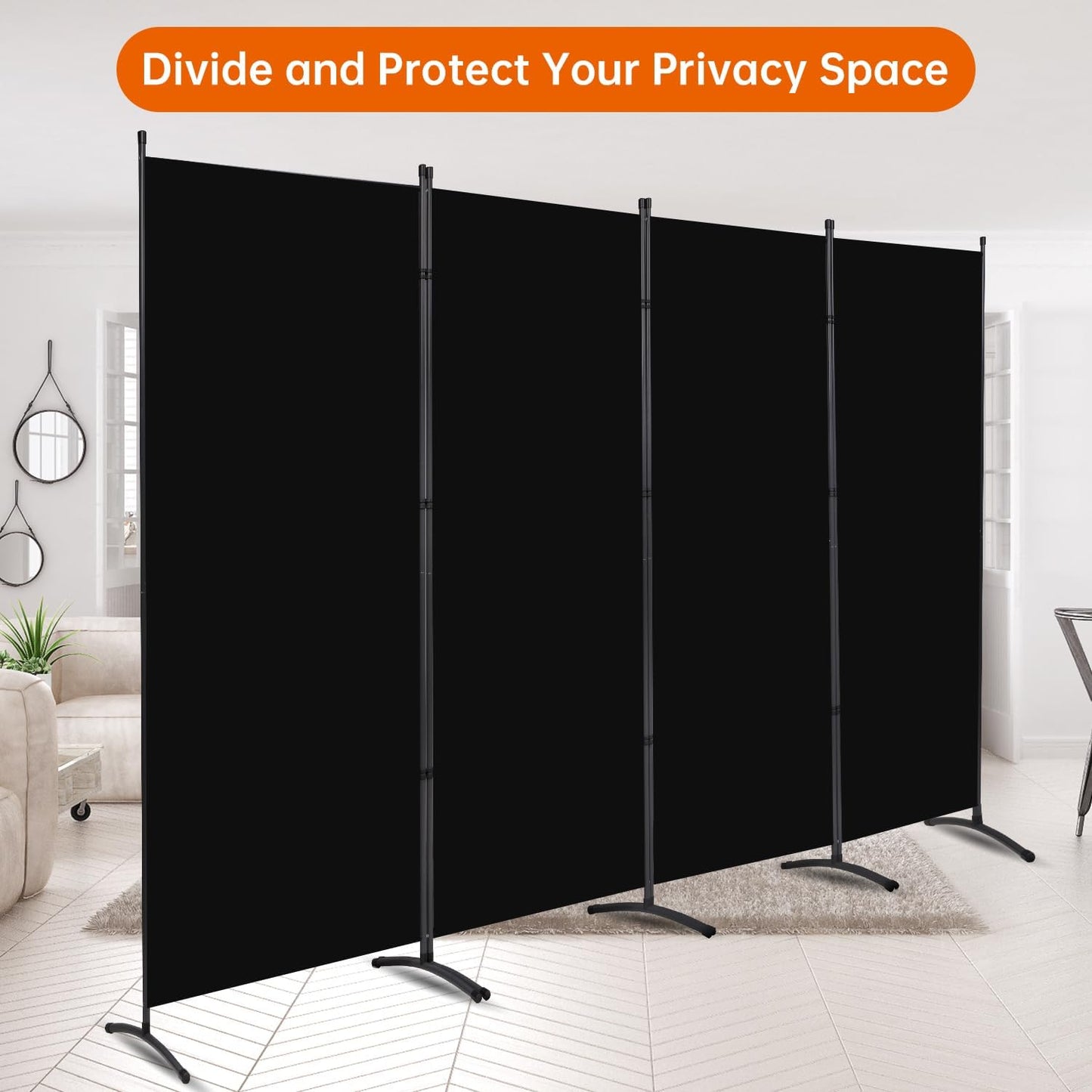 Room Divider 6FT Folding Privacy Screens, Partition Room Dividers w/Freestanding Design, Portable Wall Divider for Room Separtation, Fabric Screen Panel for Home Office Dorm (Black, 4 Panel)