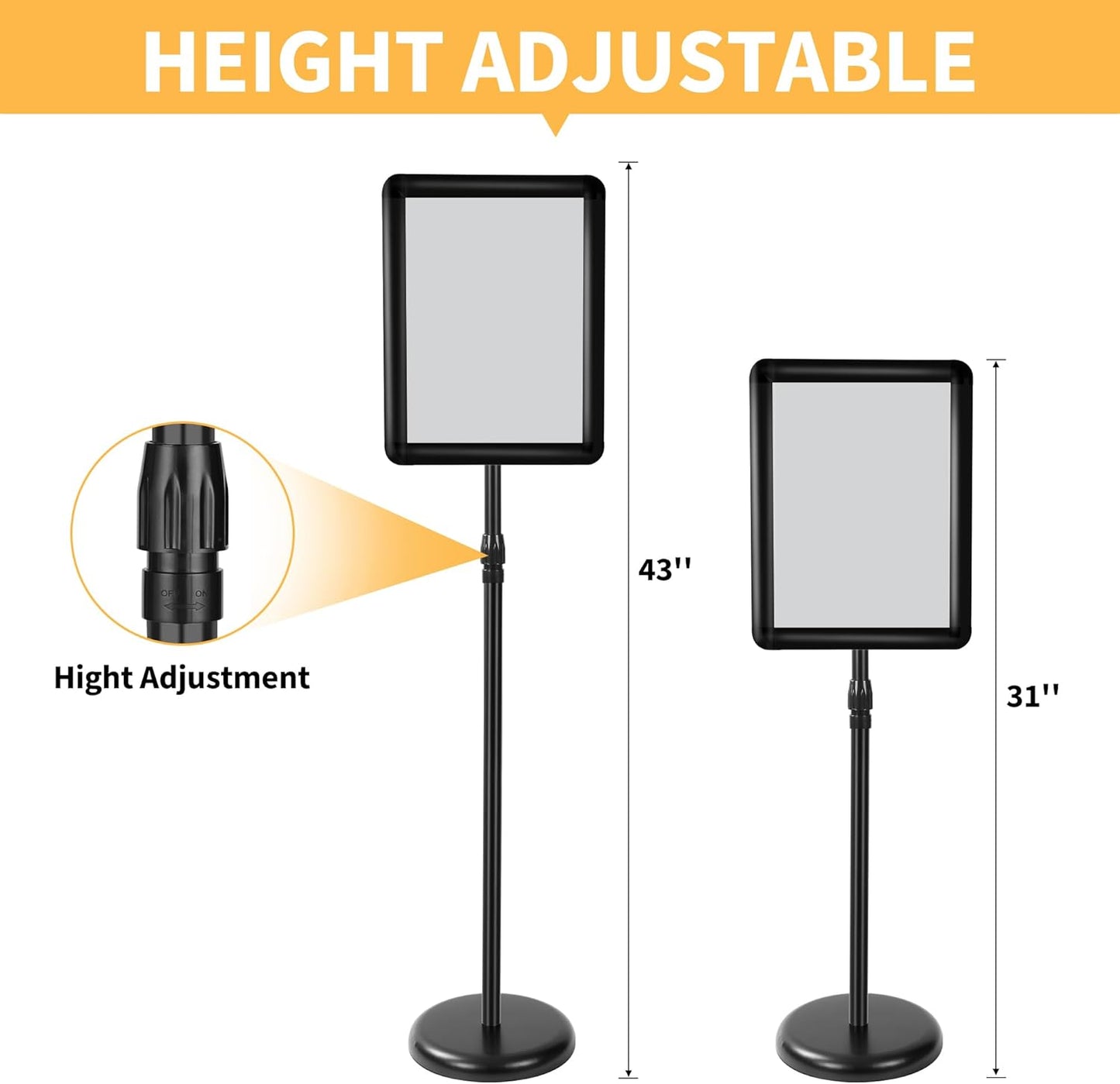 Sign Holder Stand 8.5 x 11, With 3-Prong-Base & Round Base, Poster Stand Aluminum Snap Open Frame for A4 Size Outdoor Indoor Sign Stand, Height Adjustable-Black