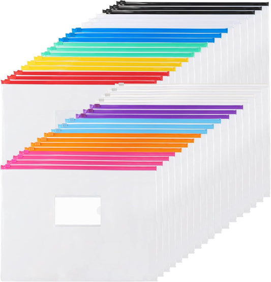 EOOUT 36pcs Plastic Envelopes Poly Zip Envelope Clear Zipper Pouches File Folders, A4, Letter Size, 11 Colors, for School and Office Supplies