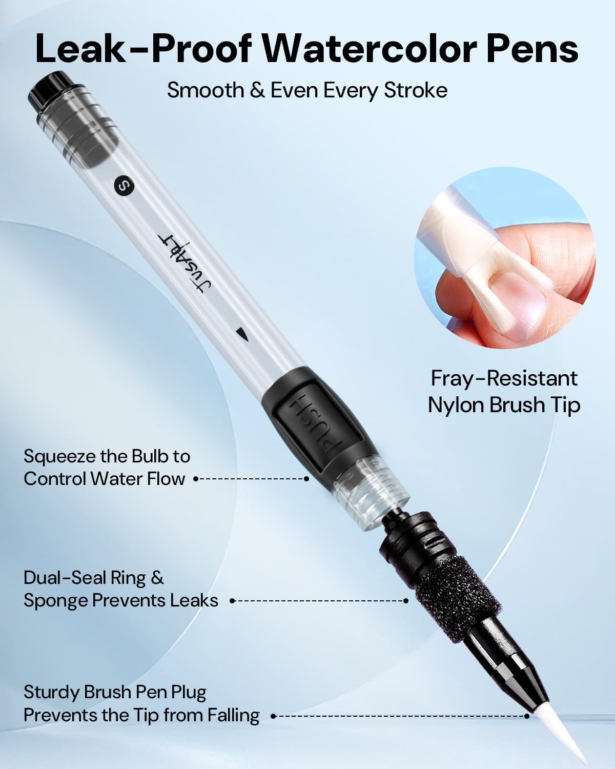 JusArt Water Brush Pens 6-Pack Leak-Proof Refillable Watercolor Pens for Acrylic and Gouache Painting - Includes Pointed & Flat Tip Styles - Portable Water Brushes for Artists, Beginners, Kids