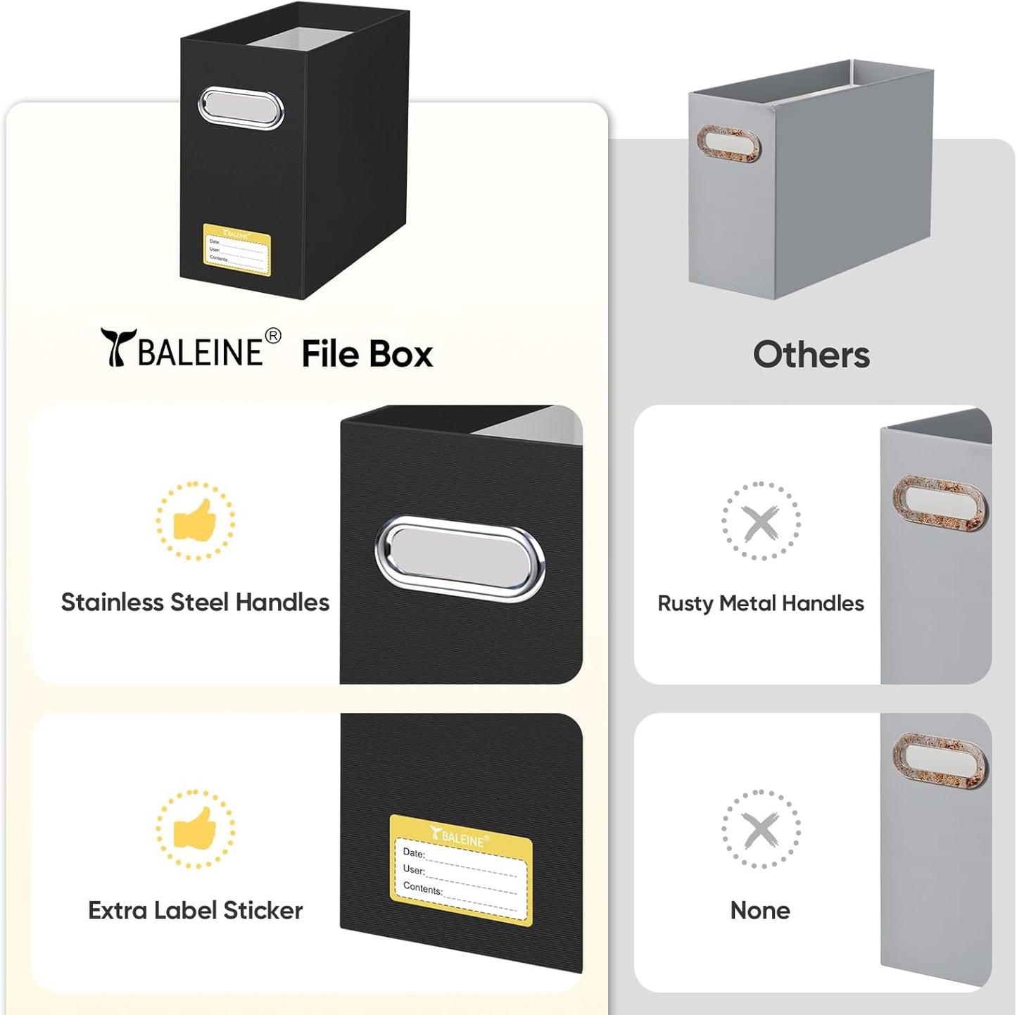 BALEINE File Organizer Box, Cardboard File Folder Organizer with Handle for Letter Size, Portable Collapsible Hanging Filing Box for Home Office Document Storage (4 Pack, Black)