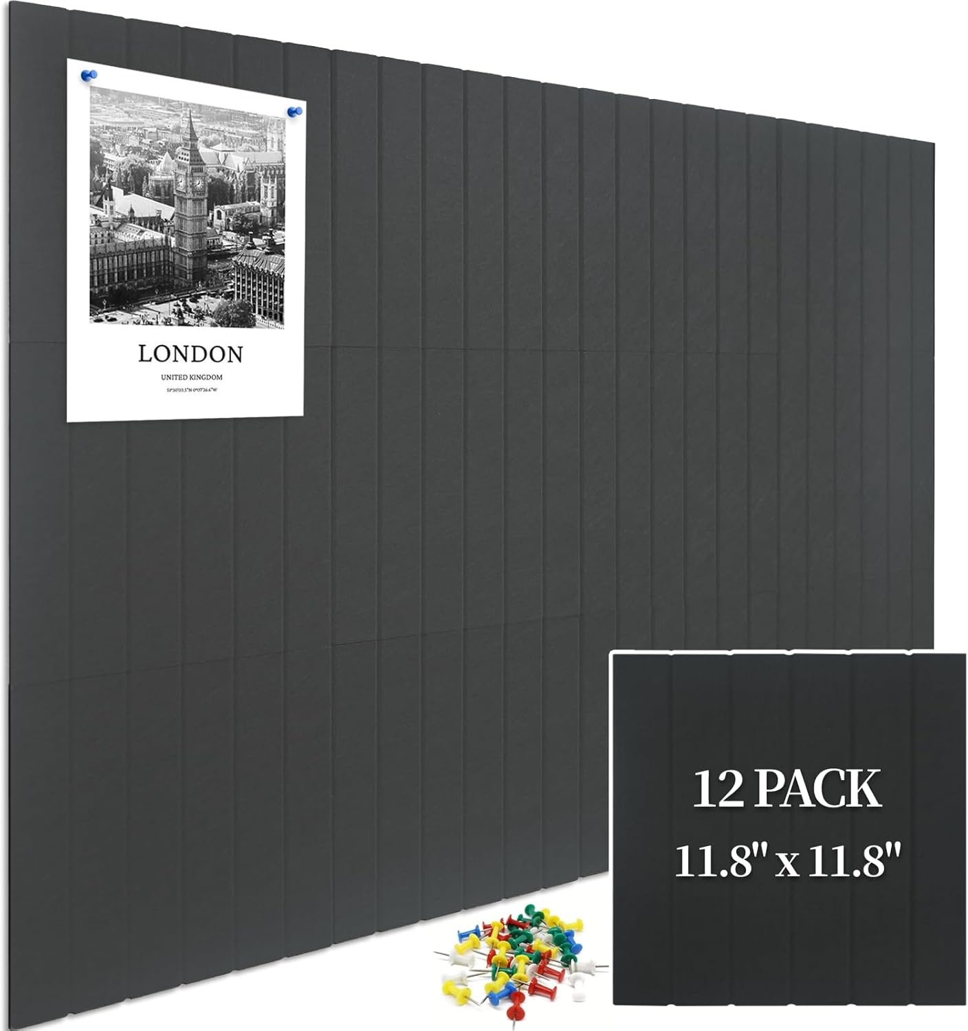 12 Pack Large Cork Board for Walls, Slat Wall Paneling, 48" X 36" Felt Bulletin Board Tiles with Safe Removable Adhesive Tabs & Push Pins, Pin Board Cork Board Wall Organizer for Office - Black