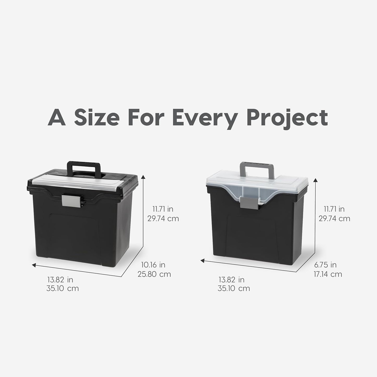 IRIS USA File Box with Lid File Organizer for Letter File w/ Organizer-Lid, Water Resistant Document Box, Plastic Mobile Filing Organizer, Secure Buckle, Portable Handle, Lockable, Black 4 Pack