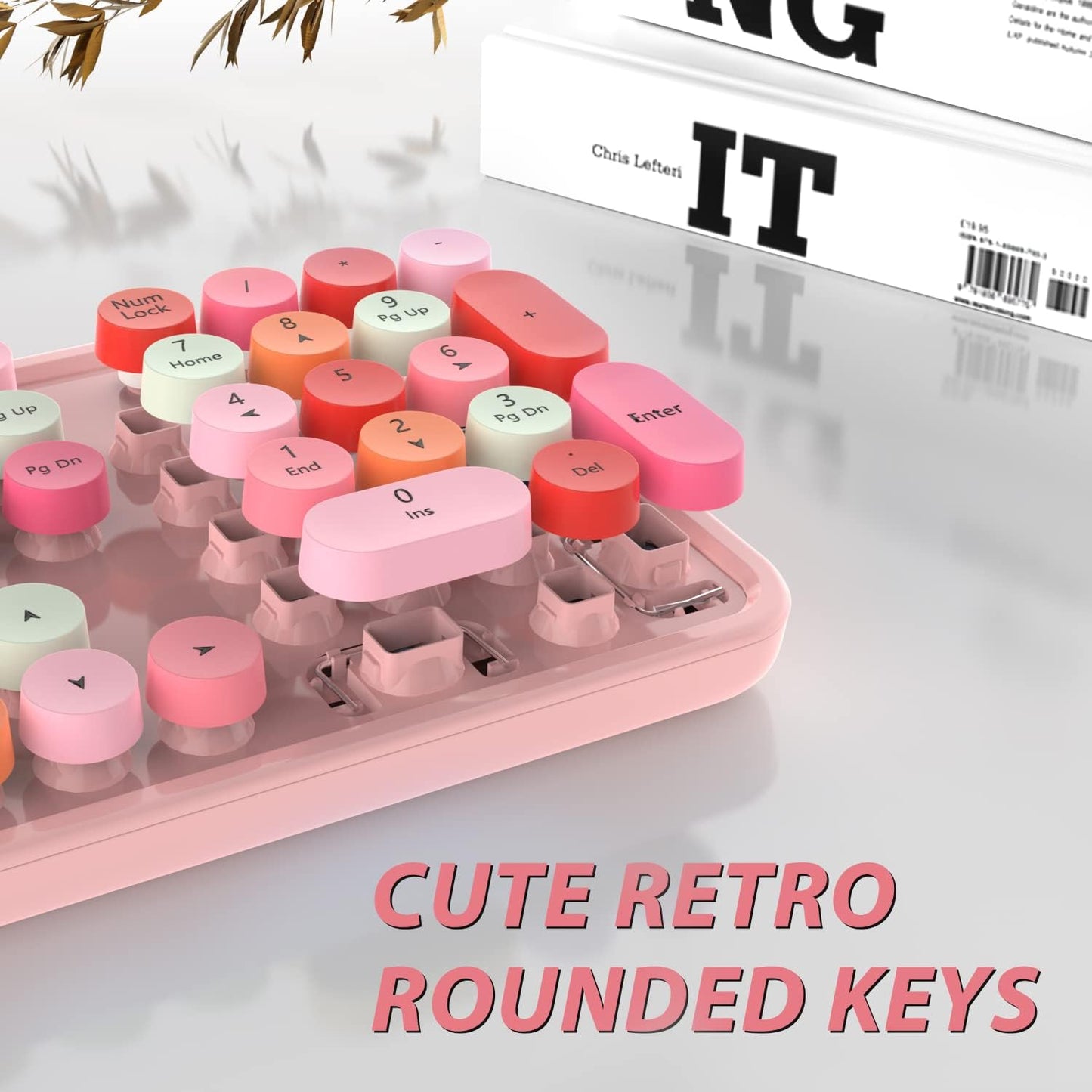 KOOTOP Cute Pink Wireless Keyboard and Mouse, 2.4G Wireless with Retro Round Keycap for PC, Mac, Laptop, Tablet, Computer Windows