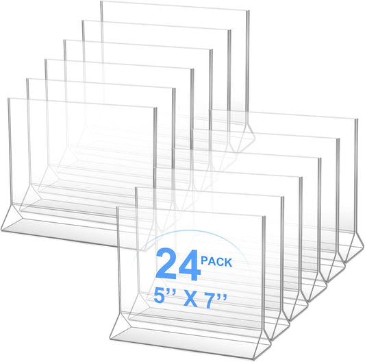 Yulejo 24 Pack Acrylic Sign Holder, Plastic Clear Table Display Holder Double Sided Menu Display Stands T Shaped Card Picture Frames for Office, Weddings, Meetings, Hotels(7 x 5 Inches)