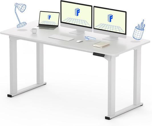 FLEXISPOT 4 Legs Standing Desk 63 x 28 Inch Electric Adjustable Height Desk with Splice Board Home Office Sit Stand Up Desk, White Top + White Frame
