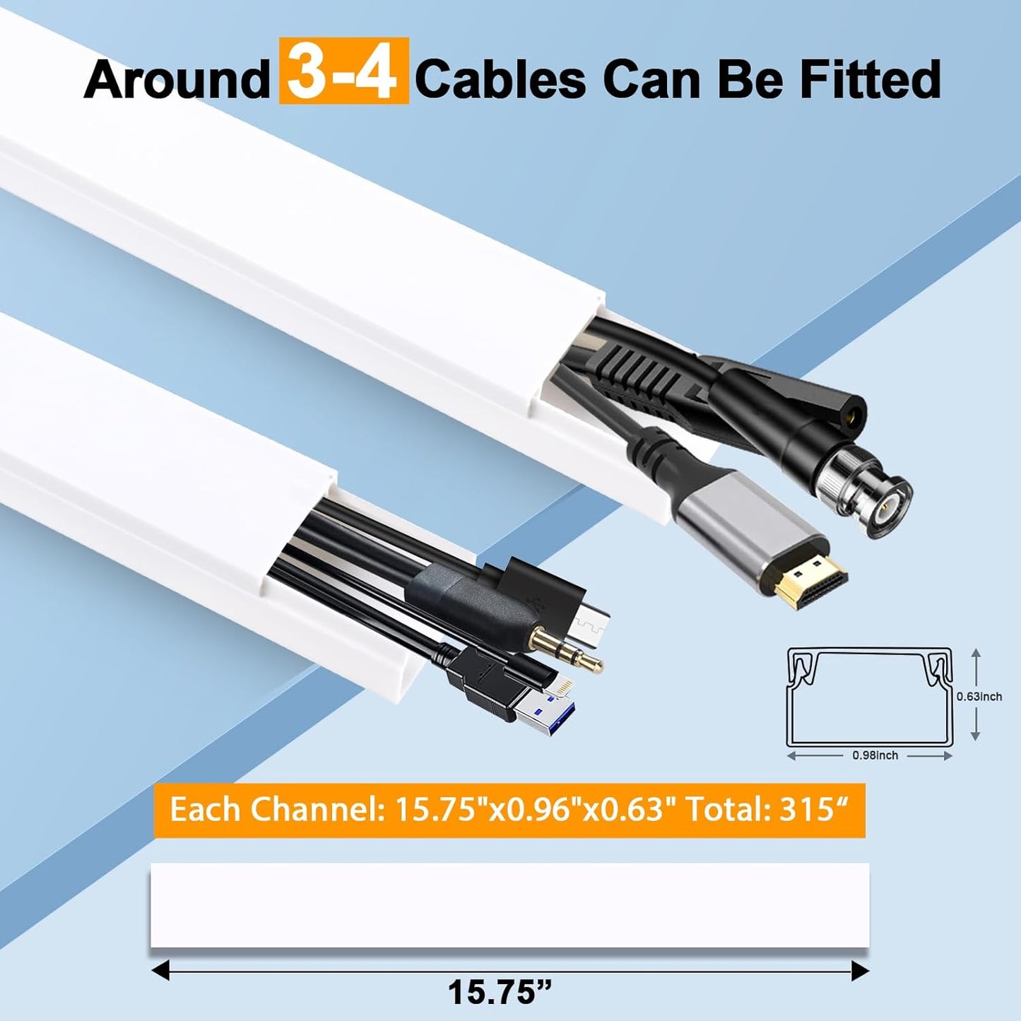 Cord Hider, RAZCC 315 Inch Cable Cover Raceway Kit for Cable Management, Wire Covers for Cords, Cord Covers for Wires on Wall, Simple and Easy Installation, 20 Pack Wire Hider, White